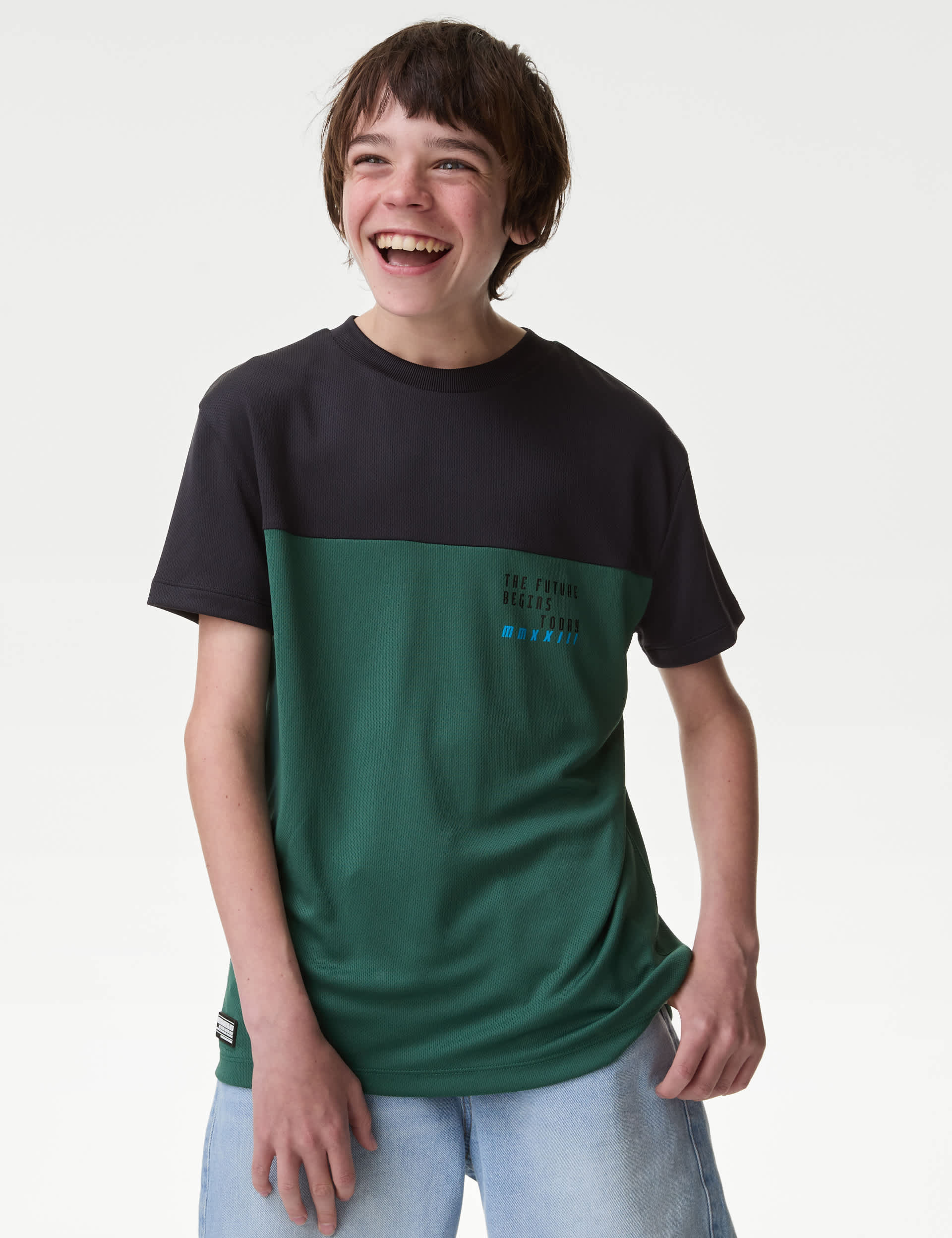 M&S Boys Mesh Slogan T-Shirt (6-16 Yrs) - 8-9 Y - Green, Green