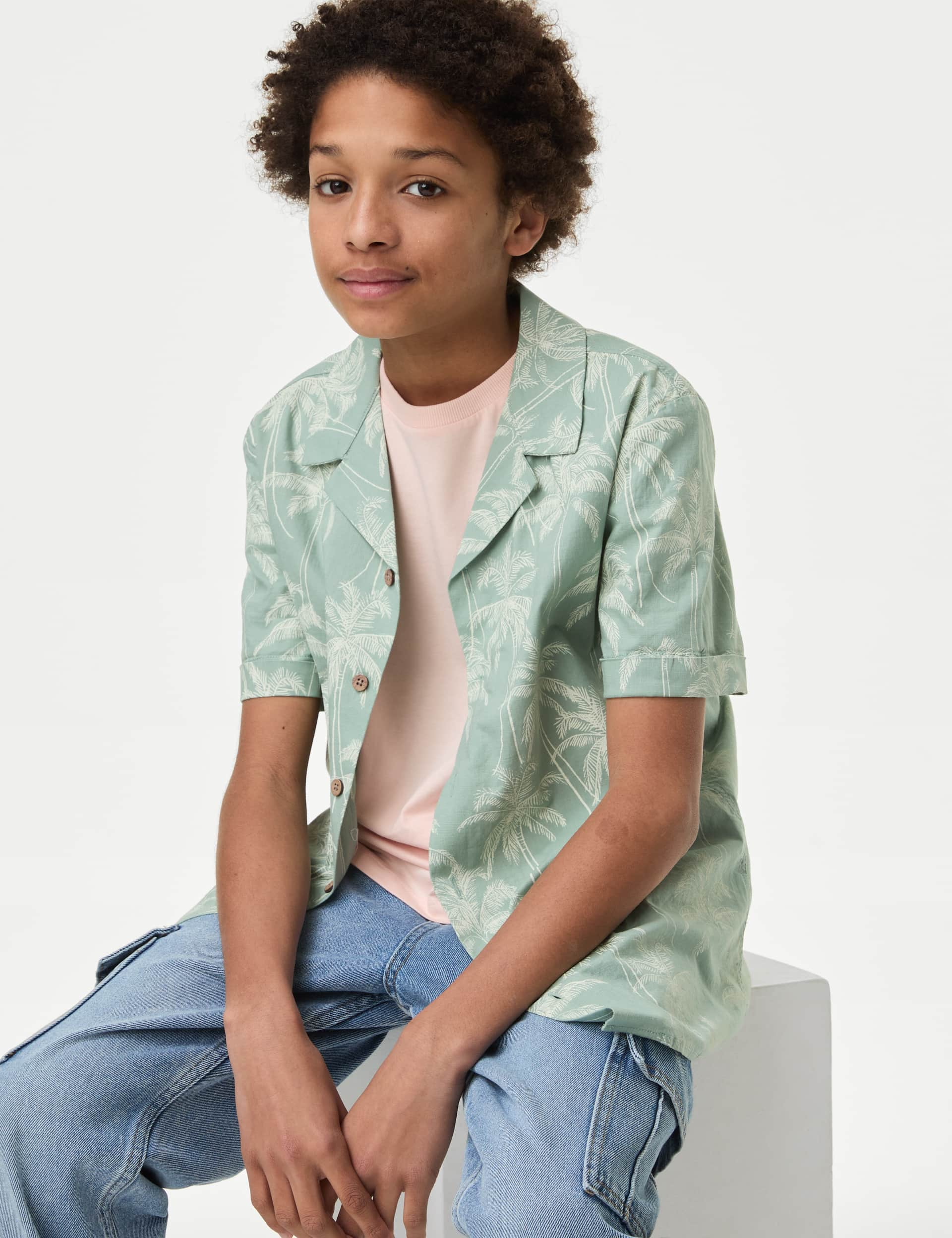 M&S Boys 2pc Palm Print Shirt and T-Shirt Set(6-16 Yrs) - 6-7 Y - Green Mix, Green Mix