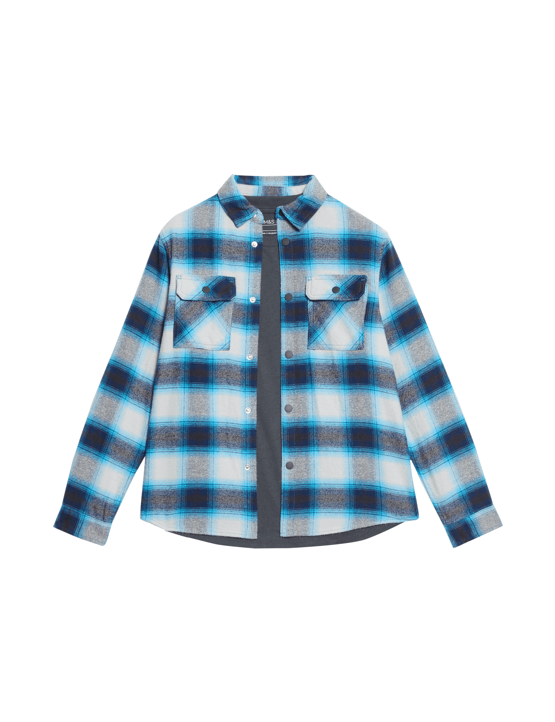 M&S Collection Boys 2pc Pure Cotton Check Shirt and T-Shirt Set (6-16 Yrs) - 15-16 - Blue Mix, Blue 