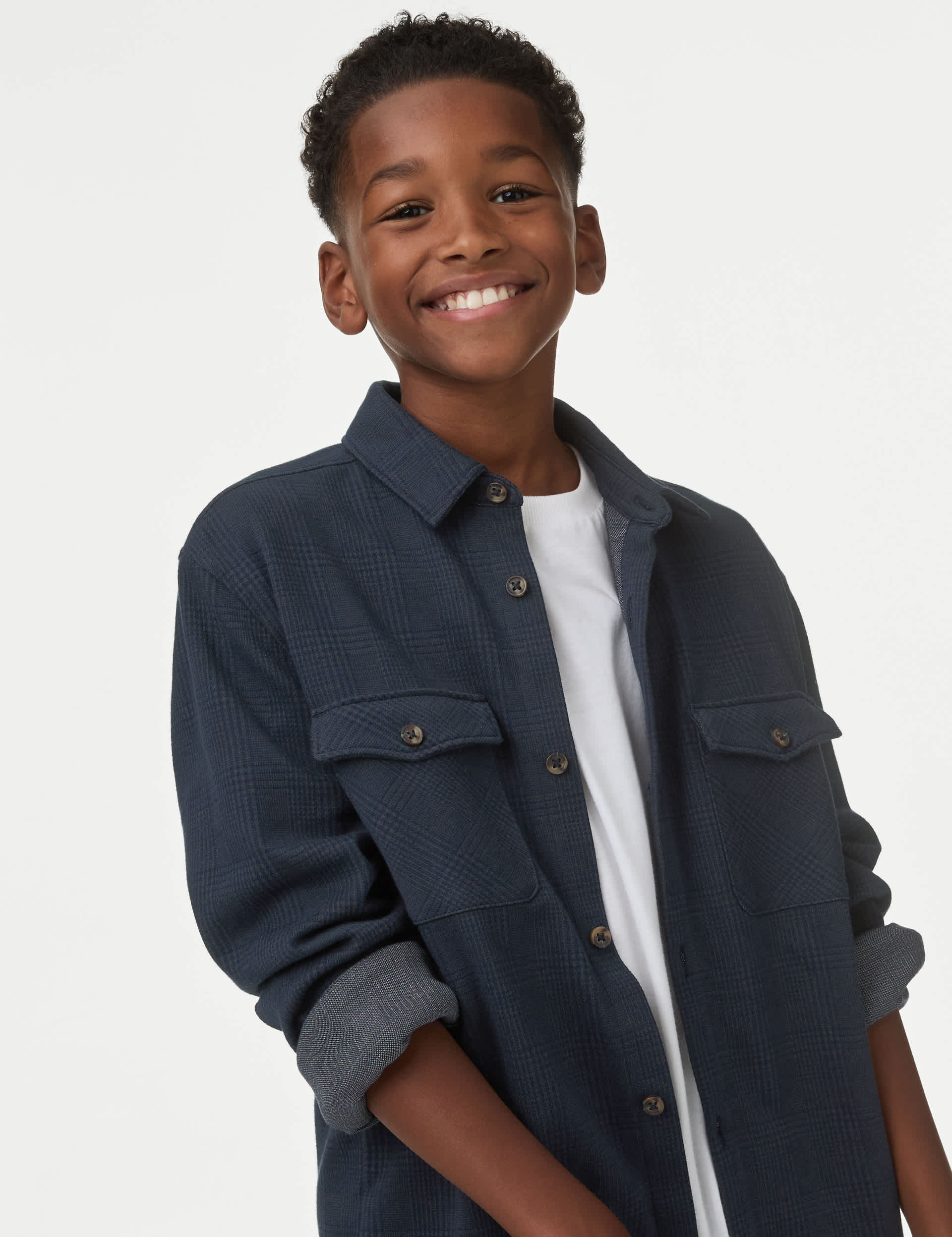 M&S Boys Cotton Rich Checked Shirt (6-16 Yrs) - 12-13 - Navy, Navy