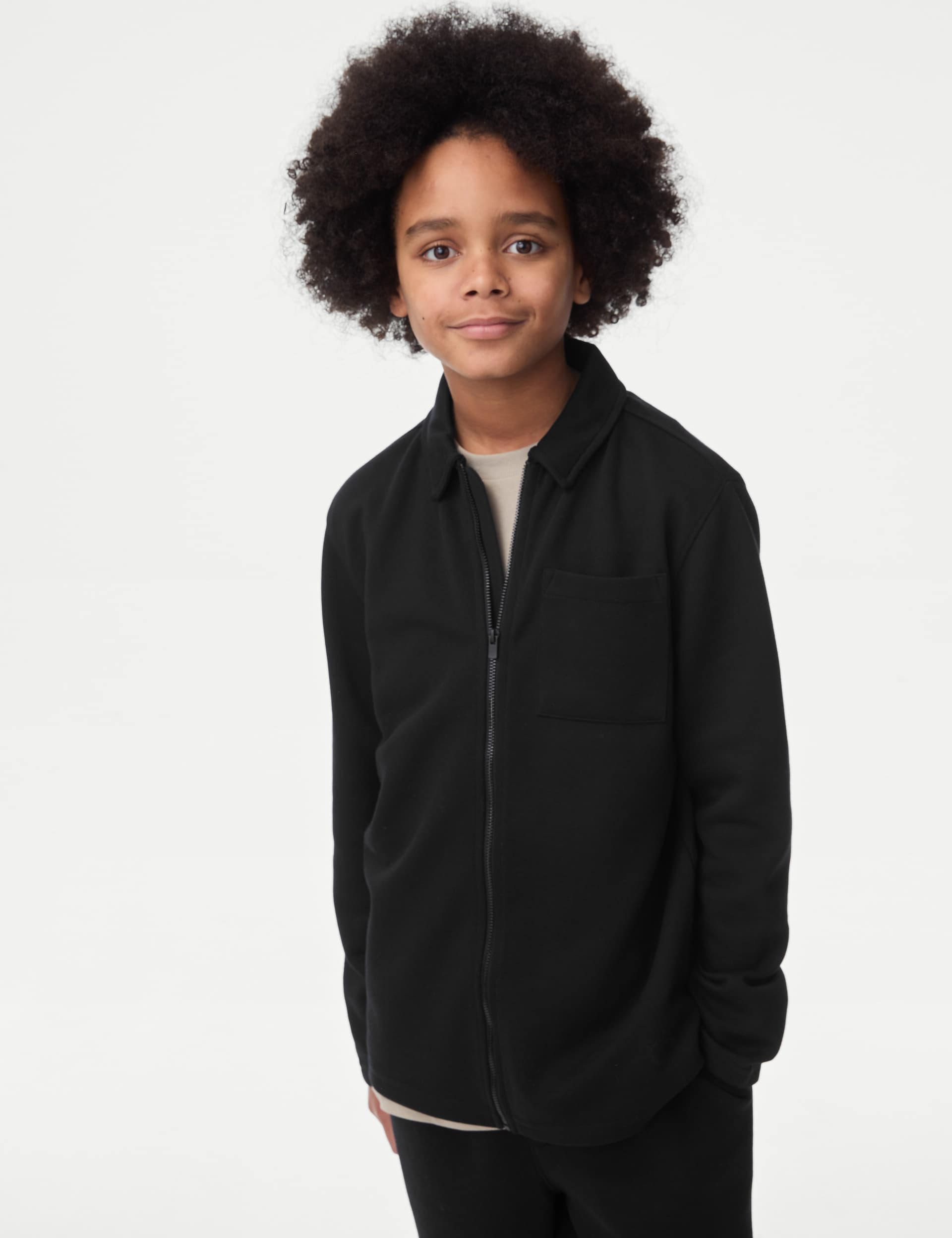 M&S Boys Cotton Blend Pique Zip Up Jacket (6-16 Yrs) - 15-16 - Black, Black