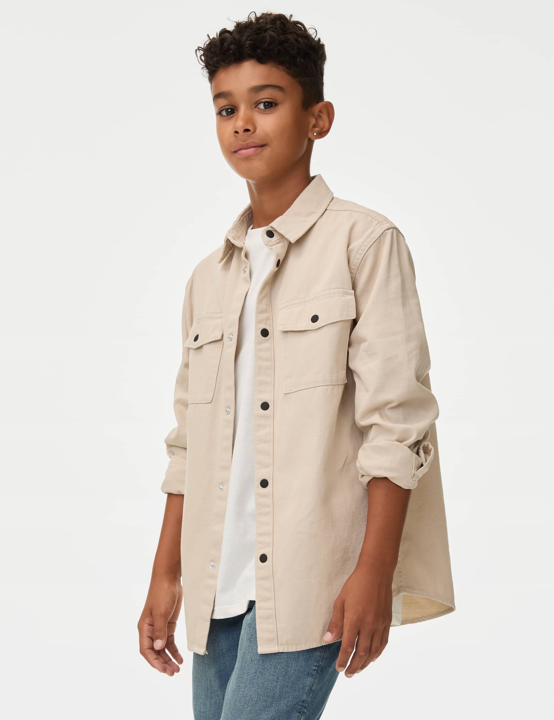 M&S Boys Pure Cotton Shirt & T-Shirt Set (6-16 Yrs) - 12-13 - Oatmeal, Oatmeal,Green