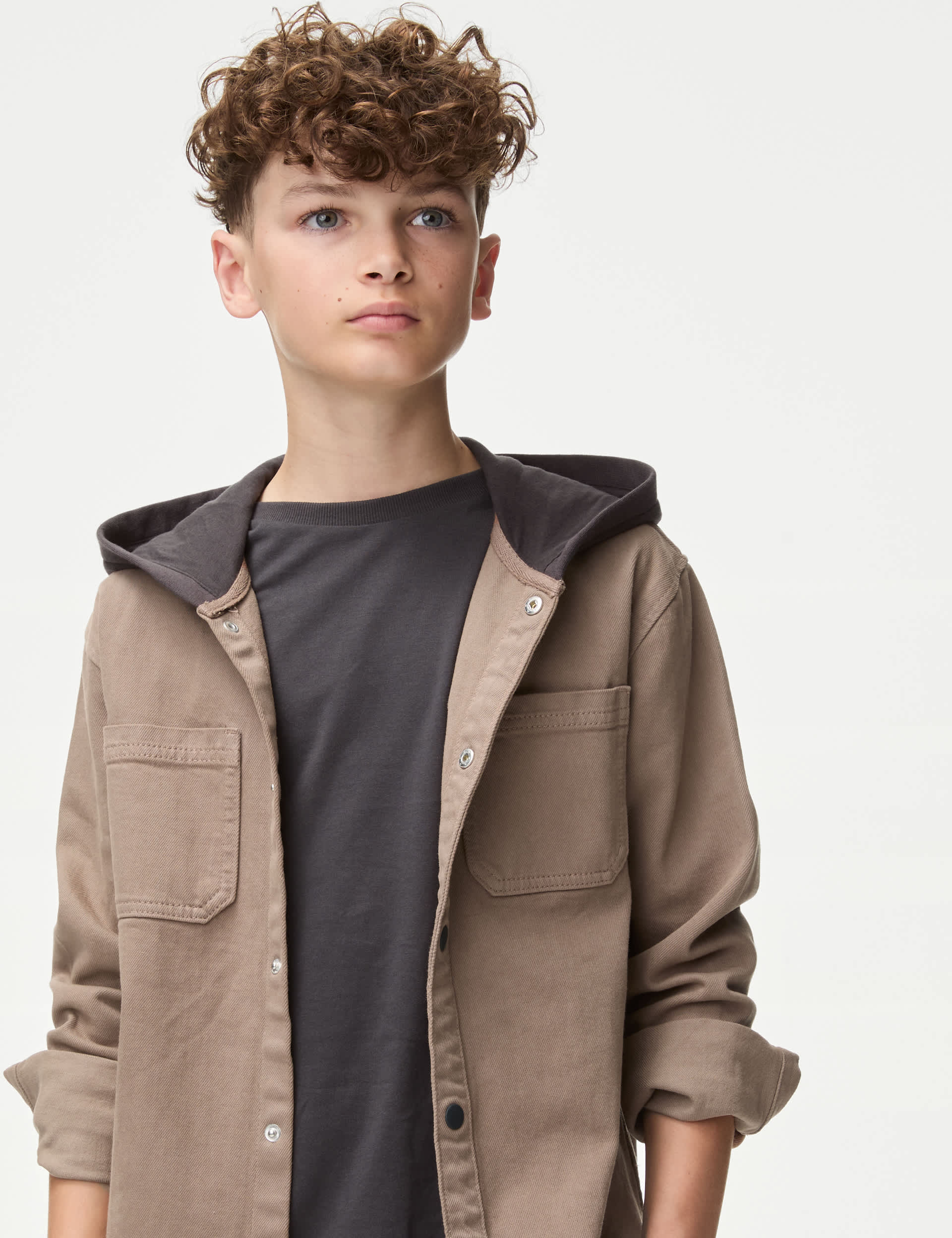 M&S Boys 2pc Cotton Rich Hooded Shacket & T-Shirt (6-16 Yrs) - 14-15 - Tan, Tan,Ecru