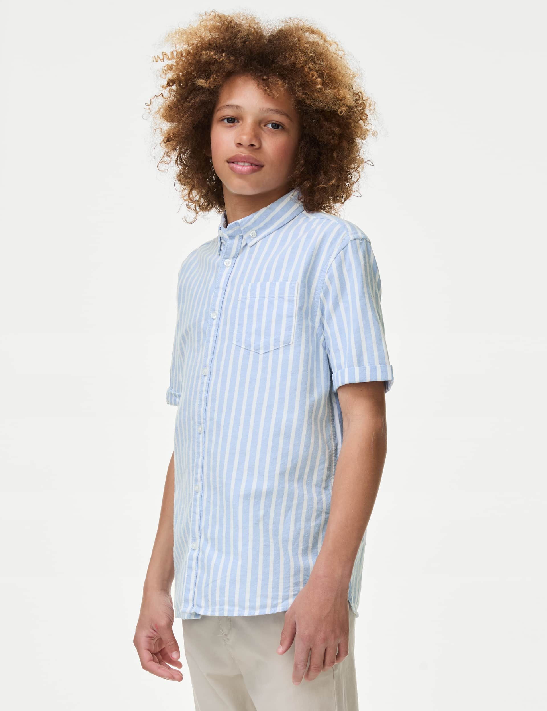 M&S Boys Pure Cotton Striped Shirt (6-16 Yrs) - 15-16 - Blue Mix, Blue Mix