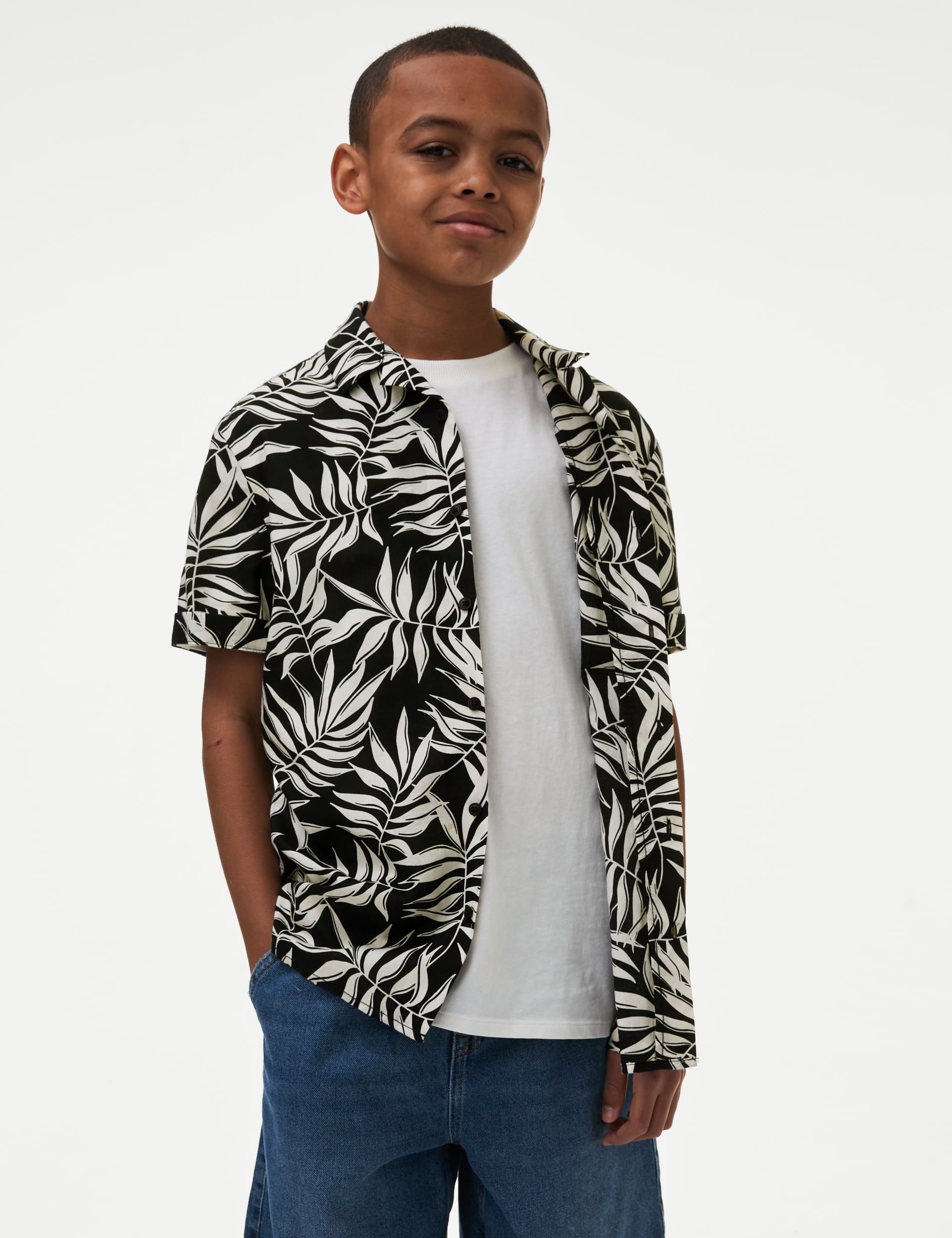 M&S Boys Cotton Rich Printed Shirt (6-16 Yrs) - 7-8 Y - Black Mix, Black Mix