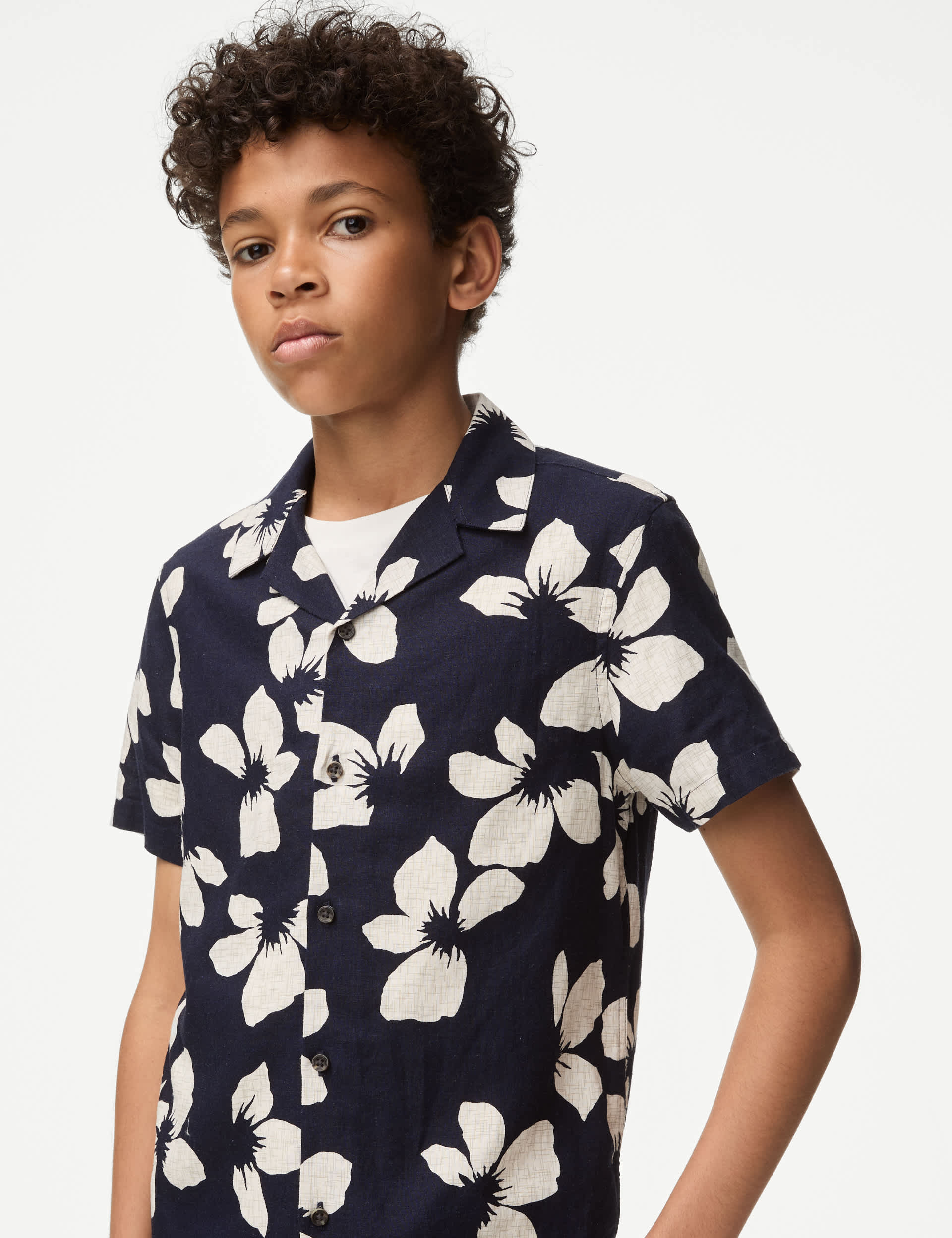 M&S Boys Linen Rich Floral Mini Me Shirt (6-16 Yrs) - 12-13 - Navy Mix, Navy Mix