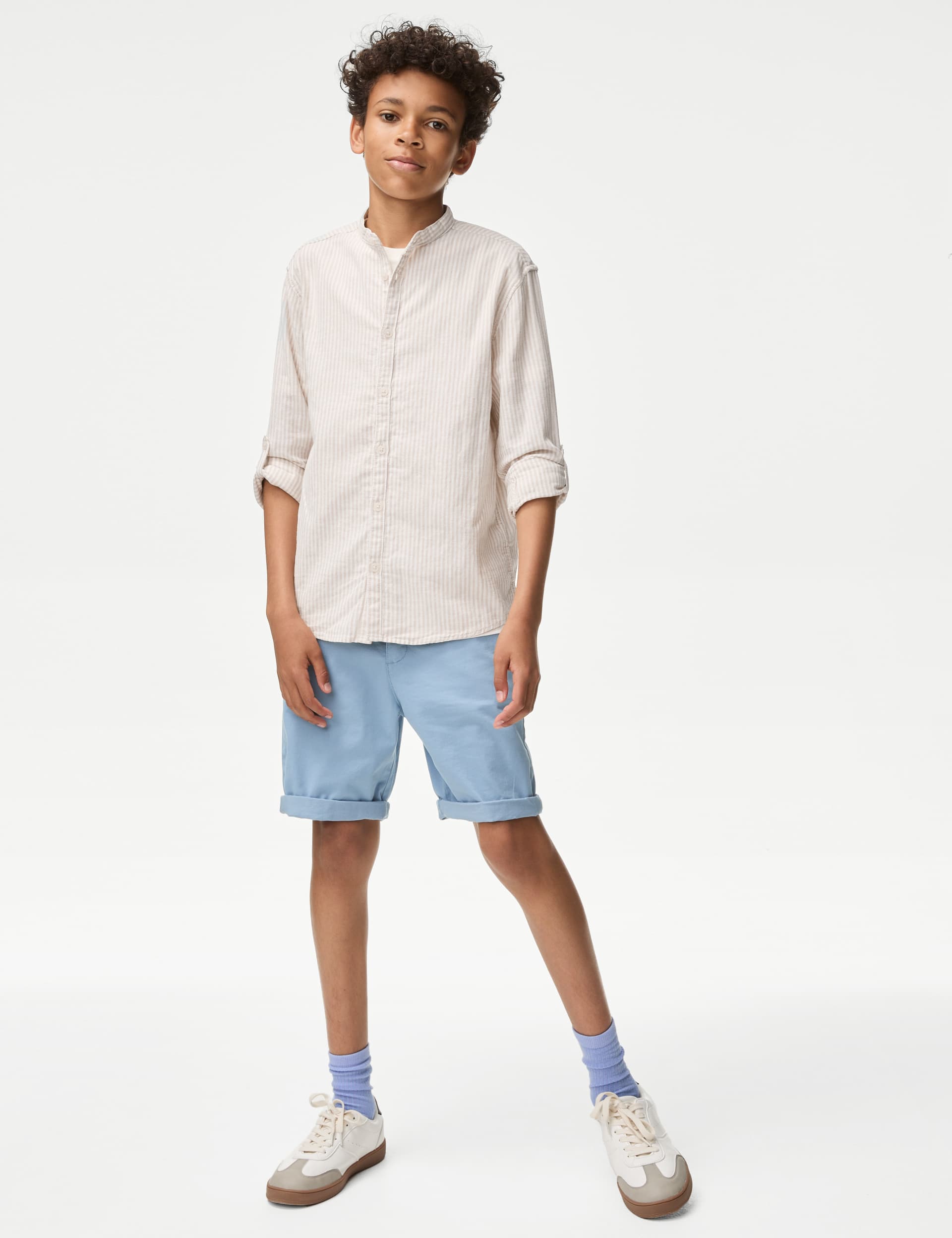 M&S Boys Cotton Rich Striped Shirt (6-16 Yrs) - 7-8 Y - Ecru Mix, Ecru Mix