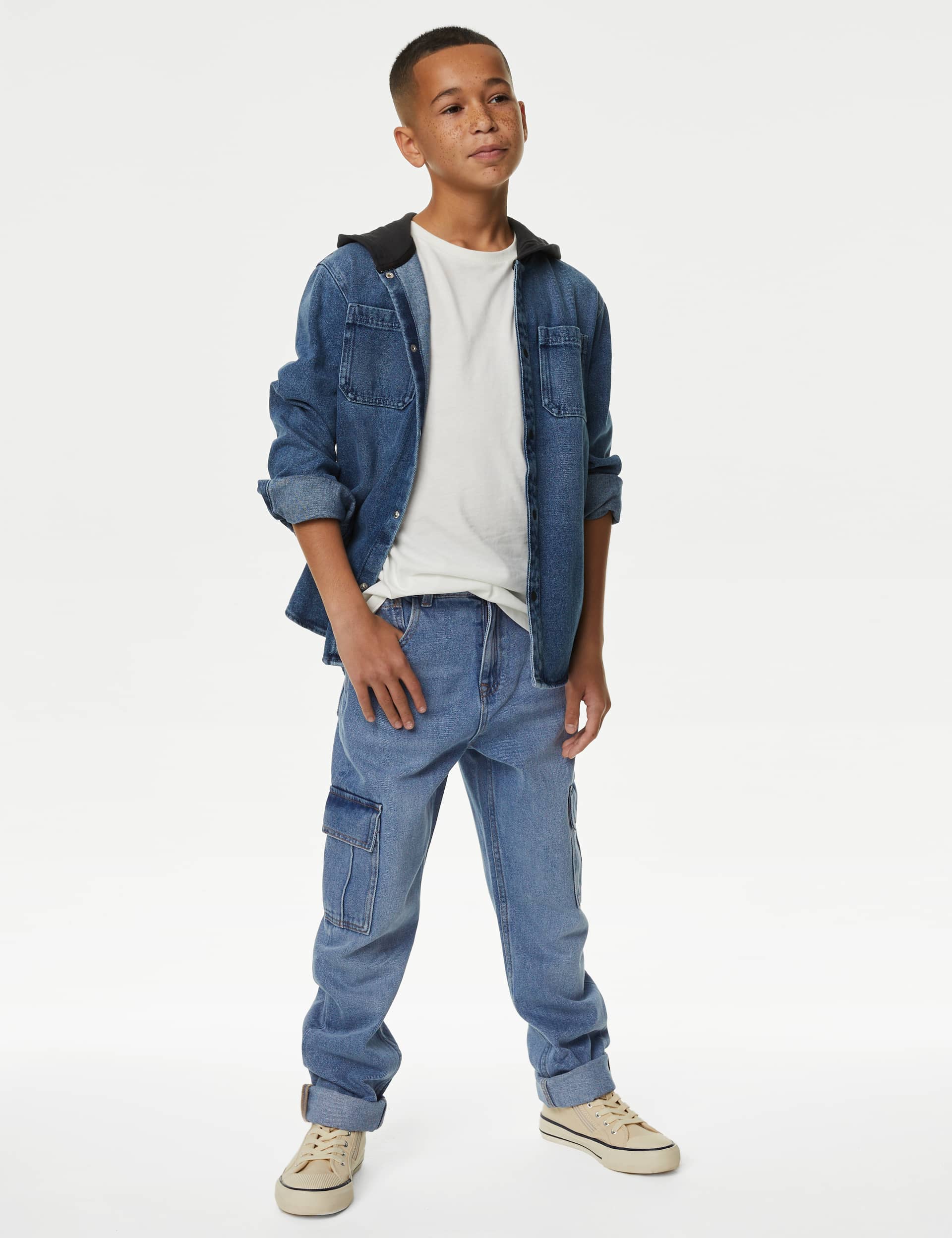 M&S Boys Relaxed Denim Cargo Jeans (6-16 Yrs) - 10-11 - Blue Denim, Blue Denim