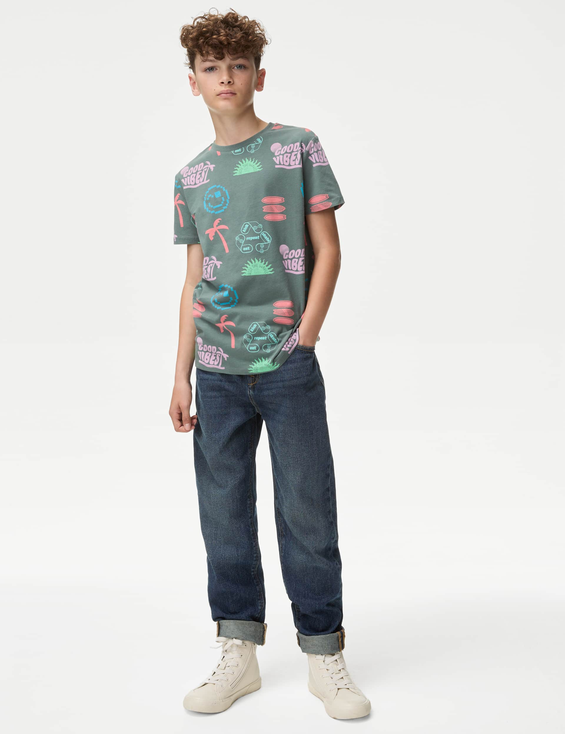 M&S Boys Pure Cotton Relaxed Fit Jeans (6-16 Yrs) - 10-11 - Dark Denim, Dark Denim,Black,Light Denim