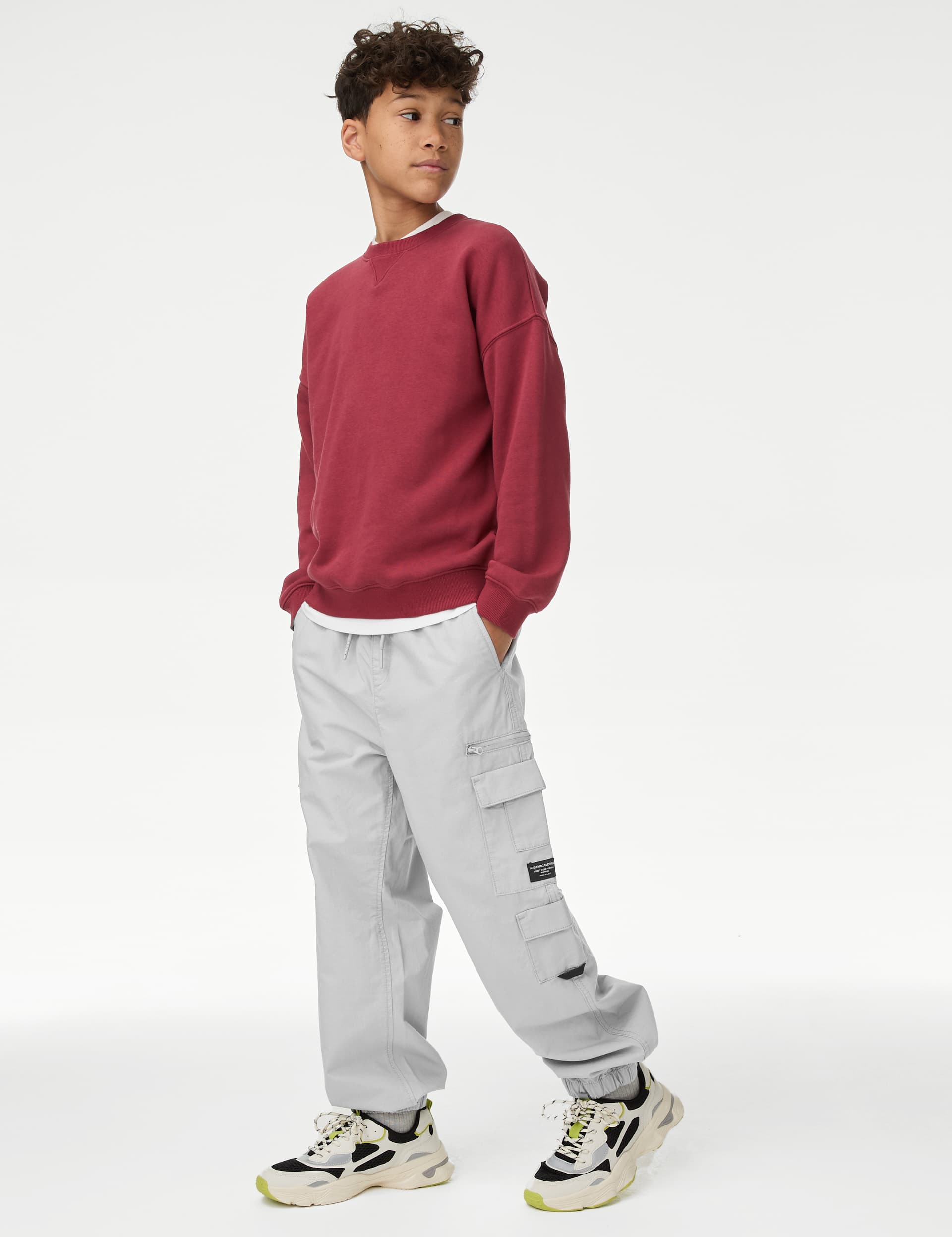 M&S Collection Boys Cotton Rich Cargo Trousers (6-16 Yrs) - 7-8 Y - Pearl Grey, Pearl Grey,Carbon