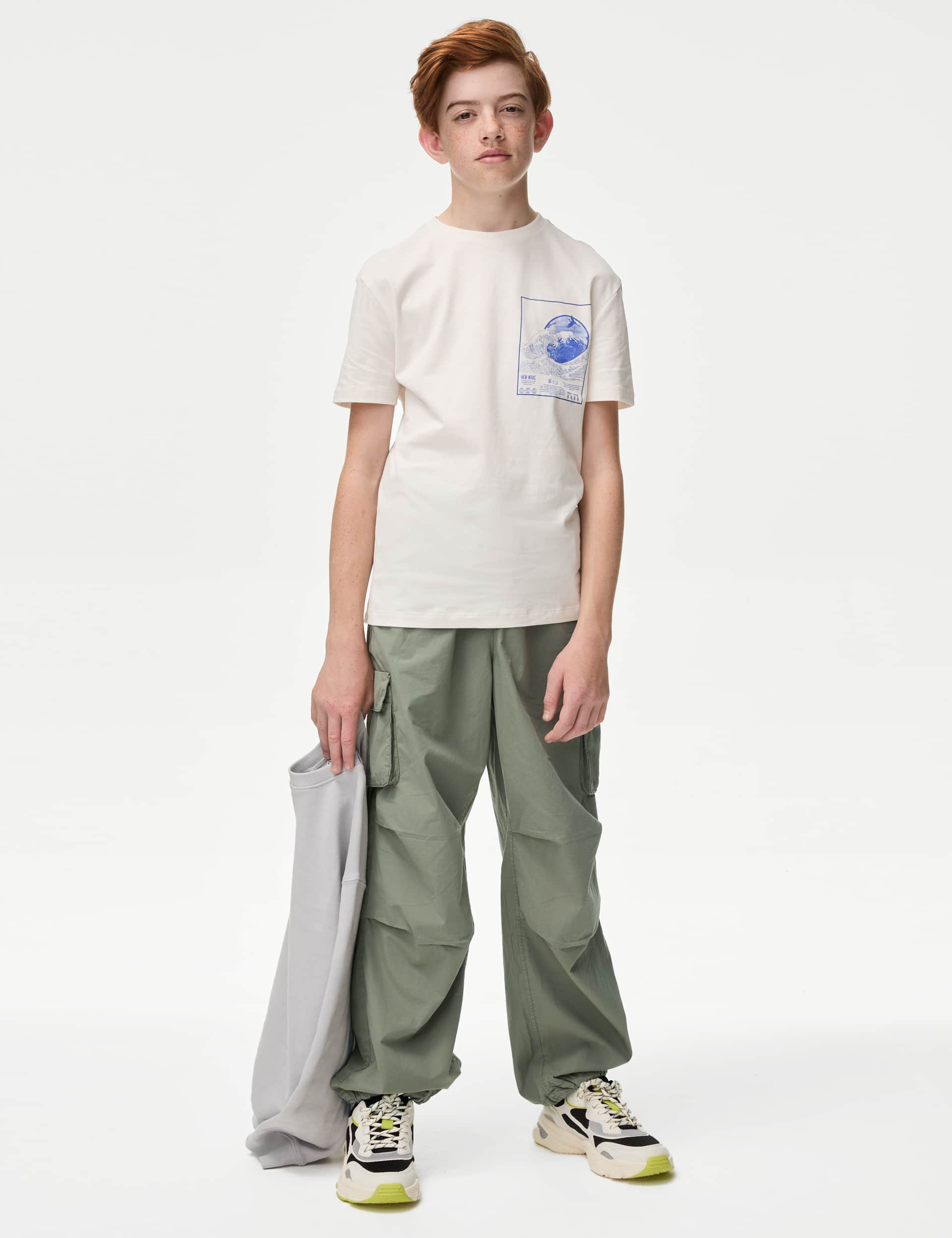 M&S Boys Pure Cotton Parachute Trousers (6-16 Yrs) - 12-13 - Sage Green, Sage Green,Charcoal