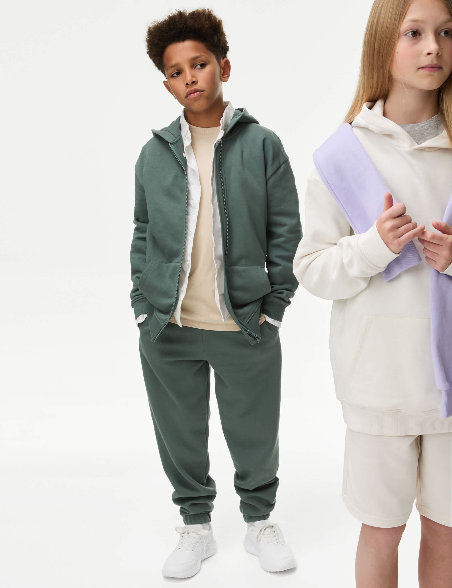 M&S Boys Cotton Rich Joggers (2-16 Yrs) - 7-8 Y - Dark Sage, Dark Sage,Putty