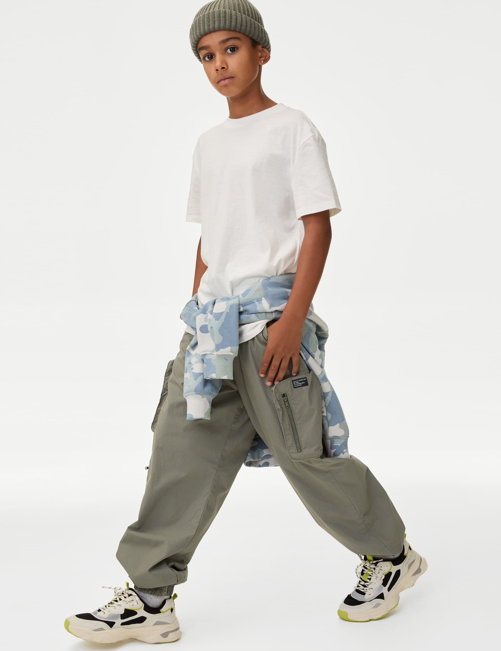 M&S Collection Boys Pure Cotton Cargo Trousers (6-16 Yrs) - 11-12 - Khaki, Khaki,Charcoal