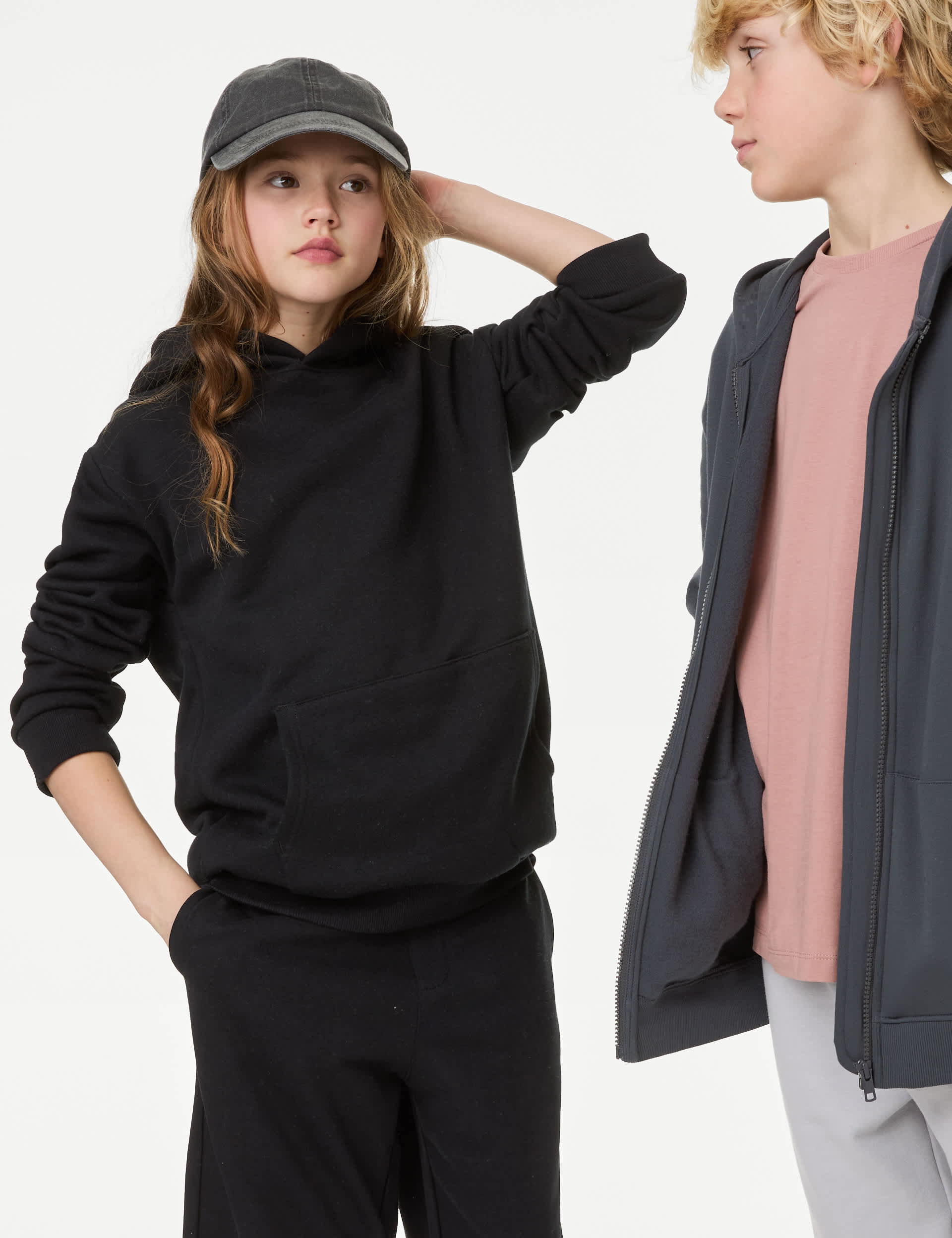 M&S Boys Unisex Cotton Rich Hooded Sweatshirt (6-16 Yrs) - 7-8 Y - Black C, Black C,Navy