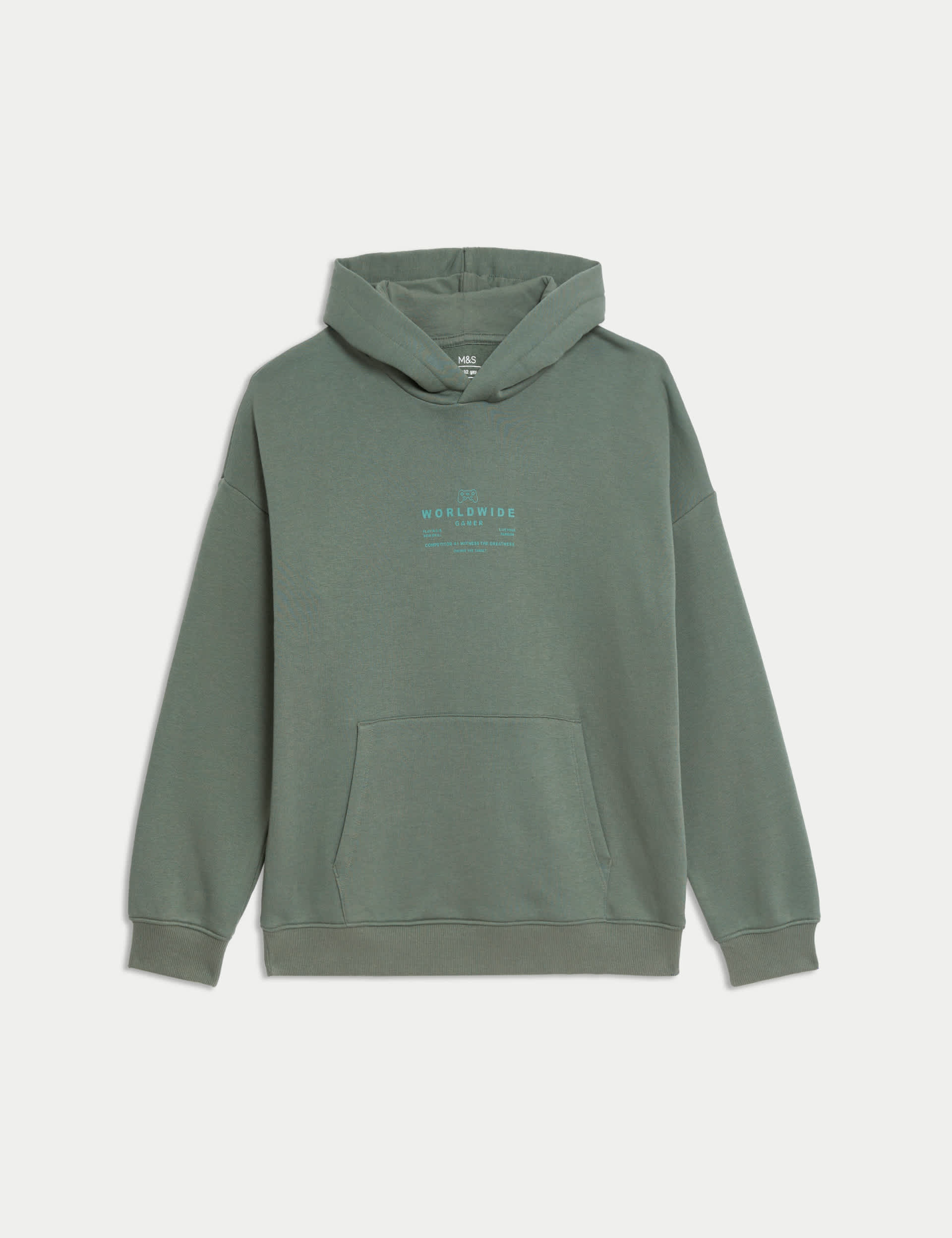 M&S Cotton Rich Gaming Slogan Hoodie (6-16 Yrs) - 13-14 - Dark Sage, Dark Sage,Pearl Grey