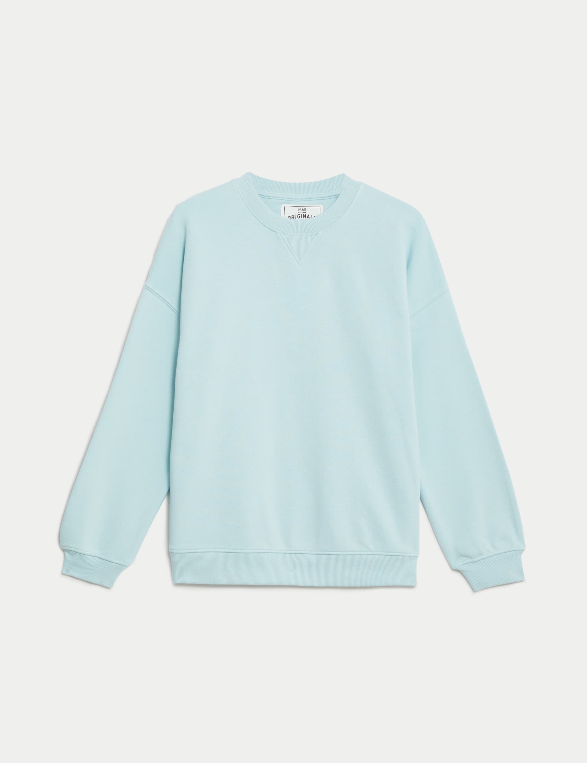 M&S Boys Cotton Rich Plain Sweatshirt (6-16 Yrs) - 8-9 Y - Light Turquoise, Light Turquoise