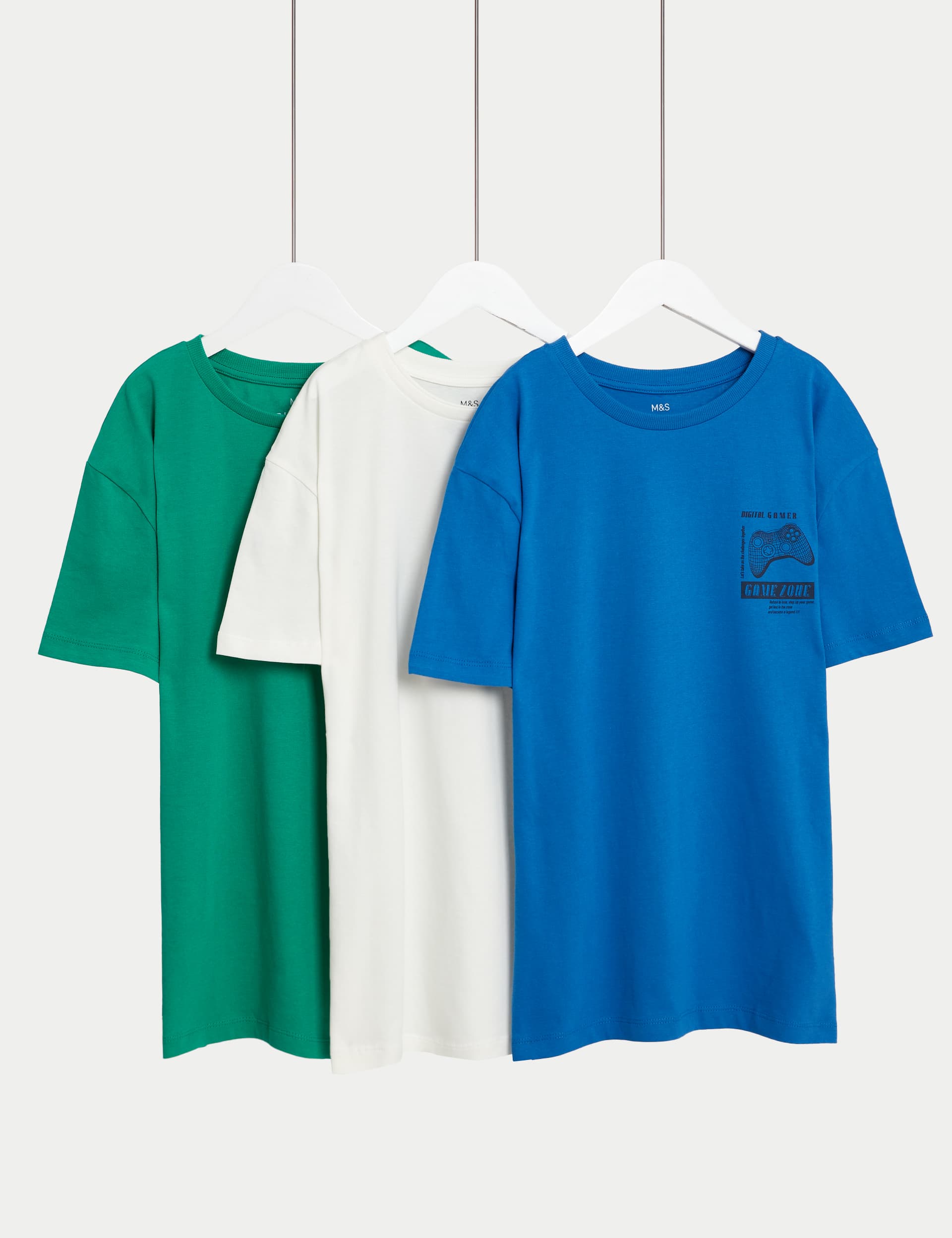 M&S Boys 3pk Pure Cotton Plain & Gaming T-Shirts (6-16 Yrs)