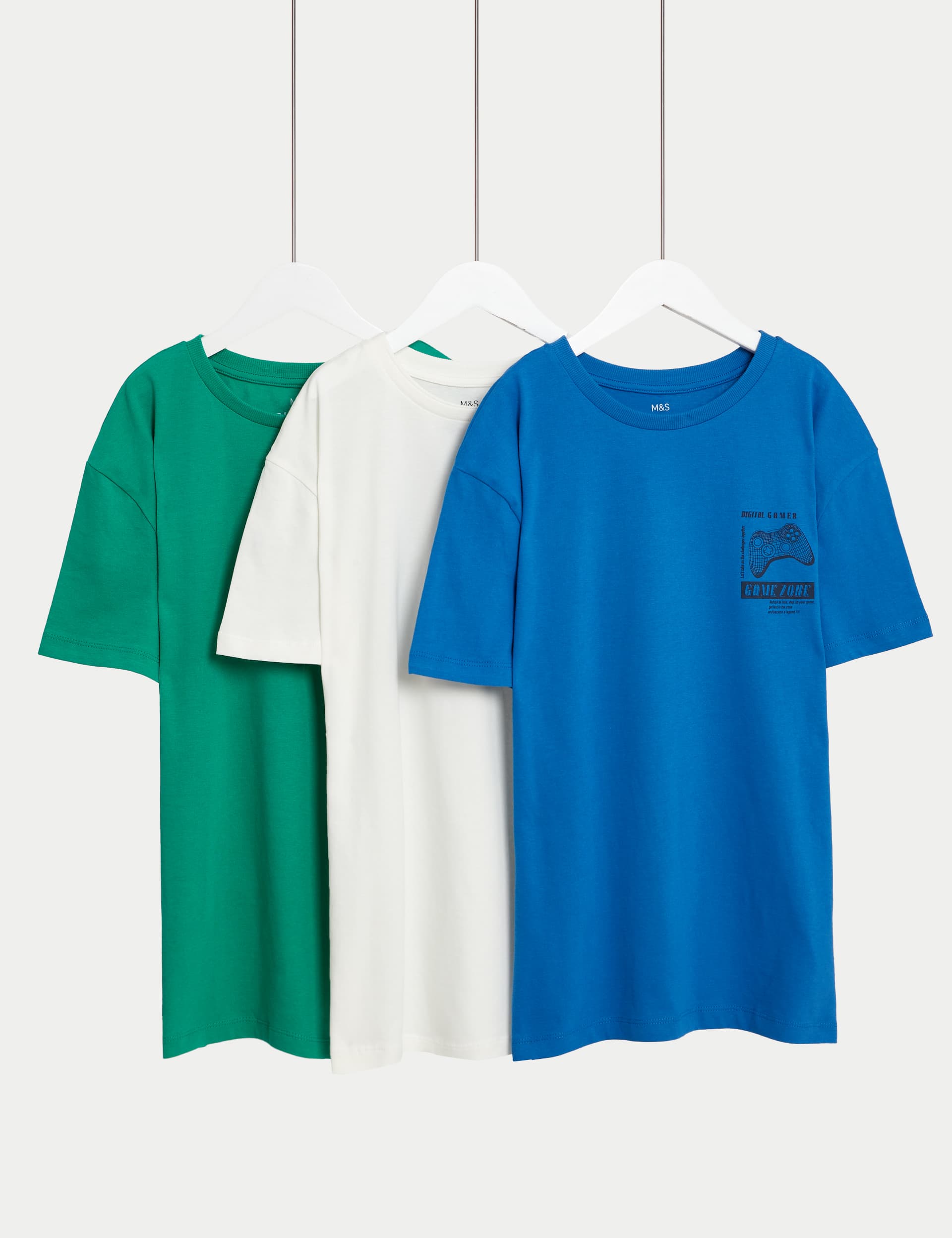 M&S Boys 3pk Pure Cotton Plain & Gaming T-Shirts (6-16 Yrs) - 9-10Y - Blue Mix, Blue Mix