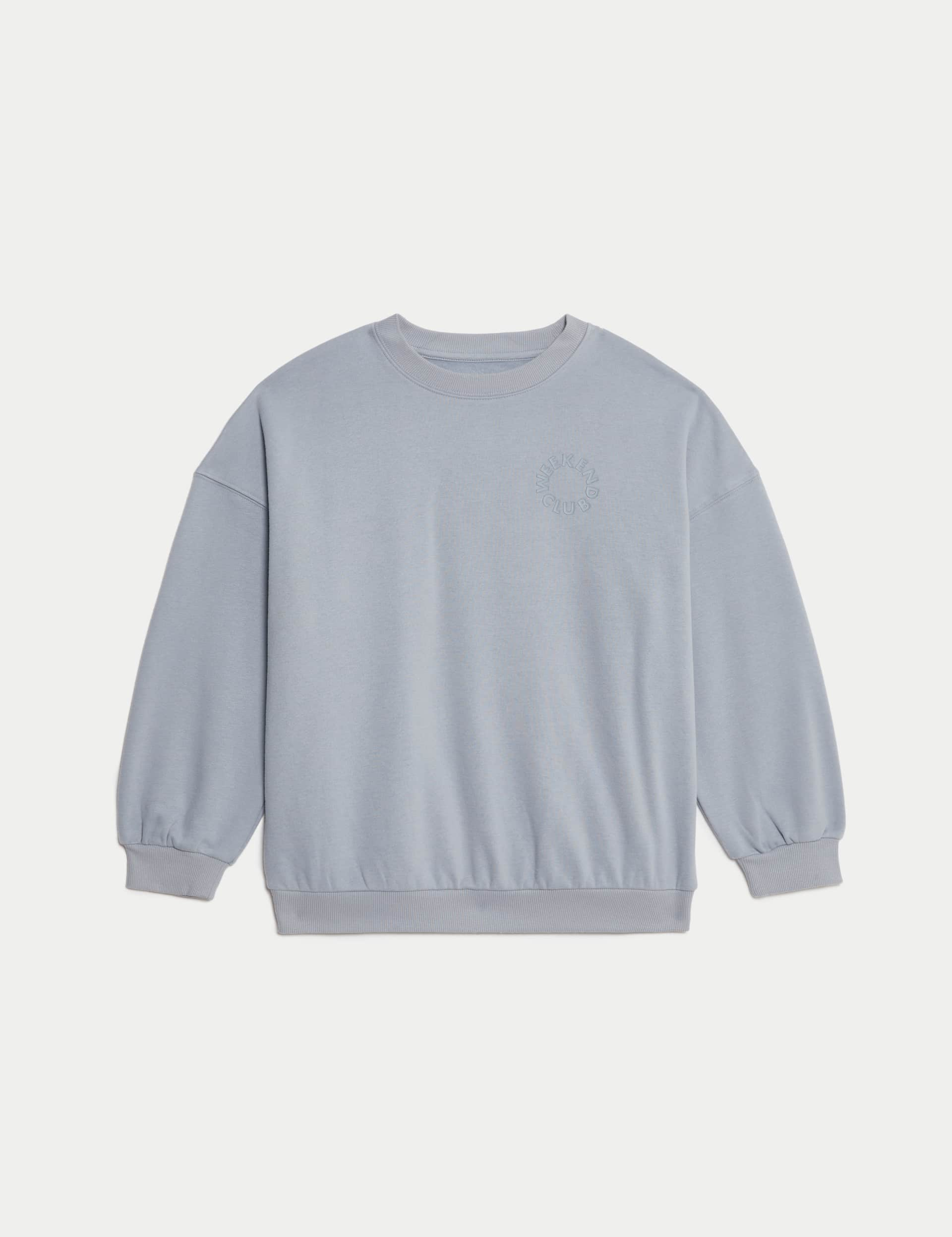 M&S Collection Cotton Rich Slogan Sweatshirt (6-16 Yrs) - 13-14 - Light Slate, Light Slate,Ecru