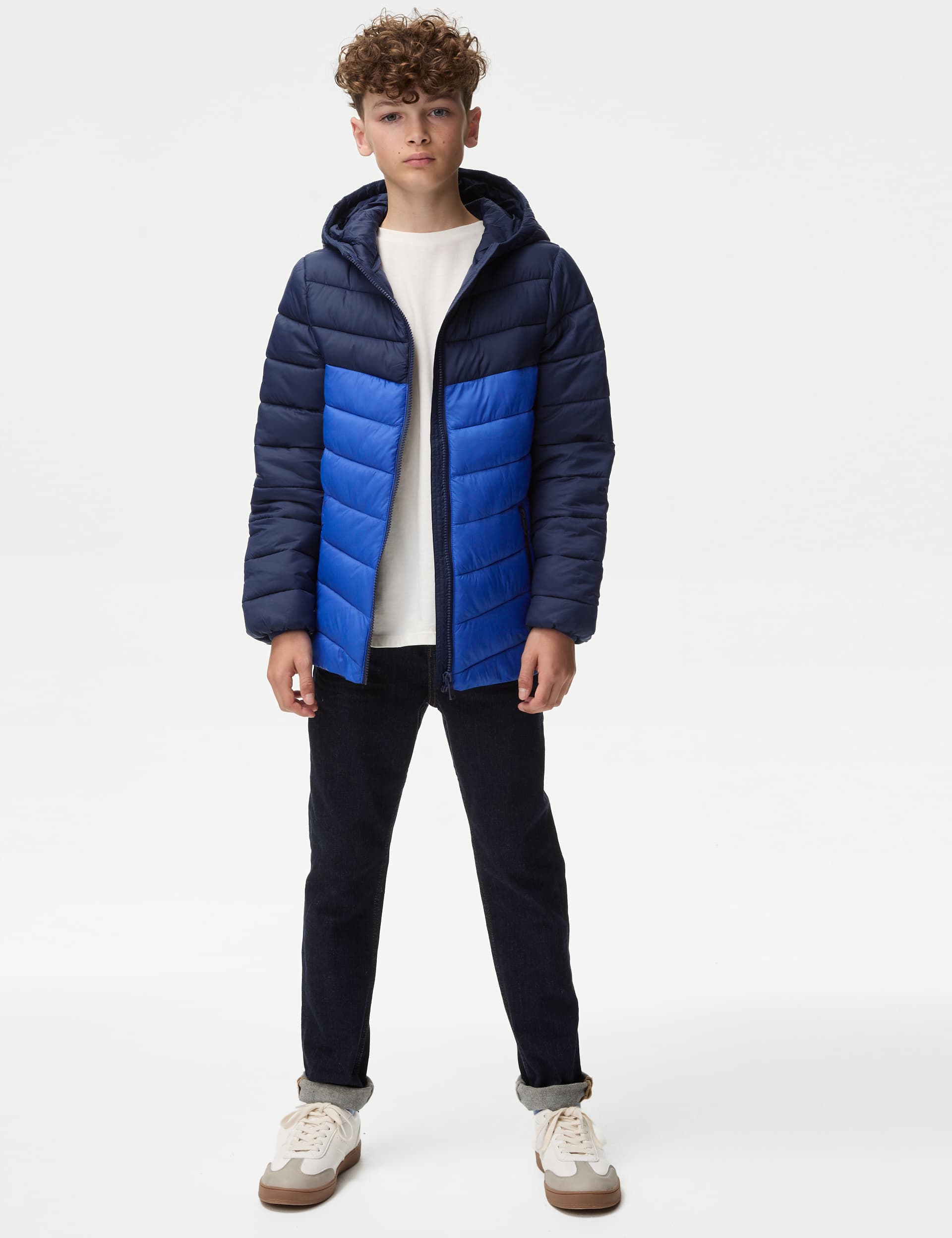 M&S Boys Stormwear Lightweight Hooded Padded Coat (6-16 Yrs) - 10-11 - Blue Mix, Blue Mix,Navy