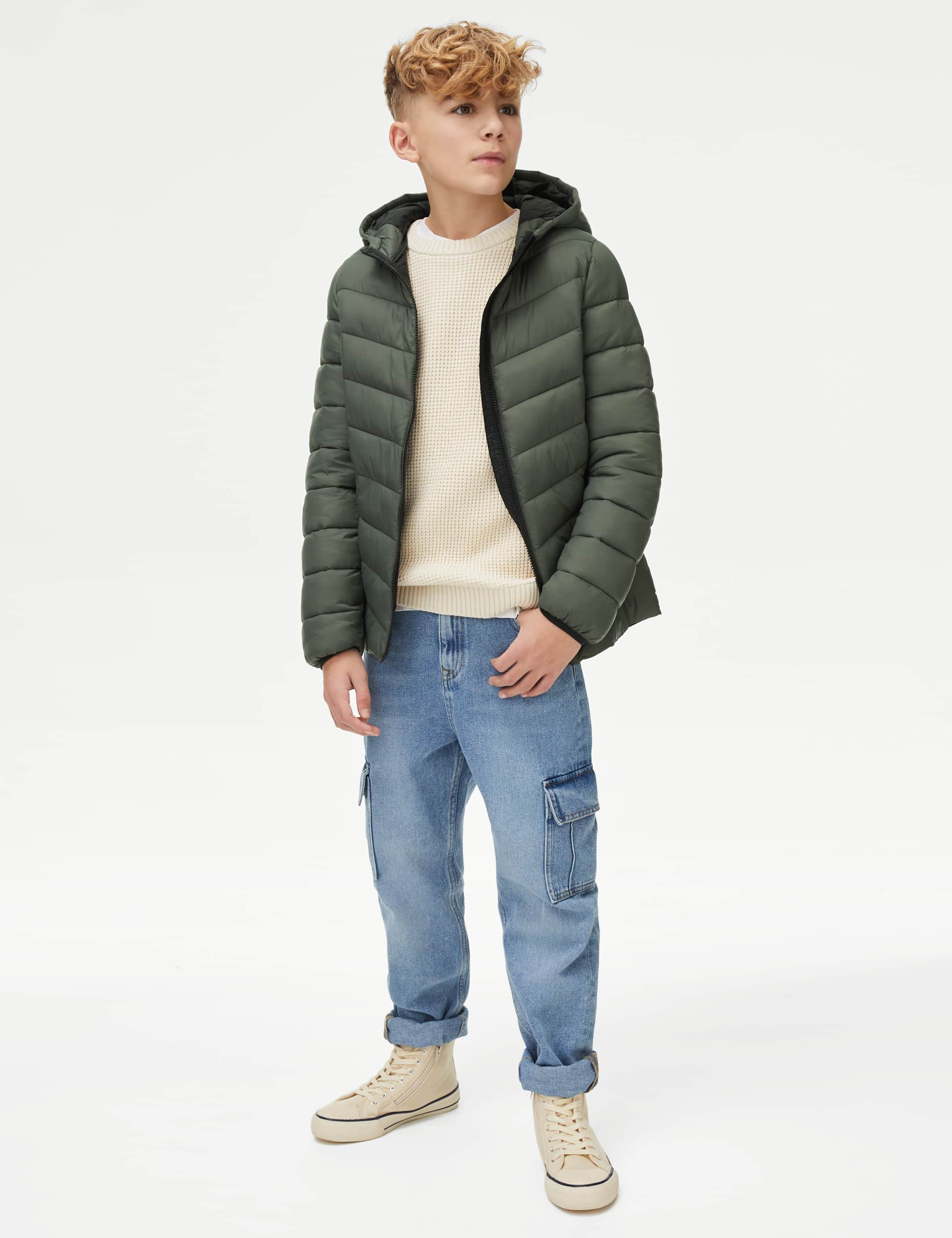 M&S Boys Stormwear Lightweight Hooded Padded Coat (6-16 Yrs) - 11-12 - Khaki, Black,Khaki