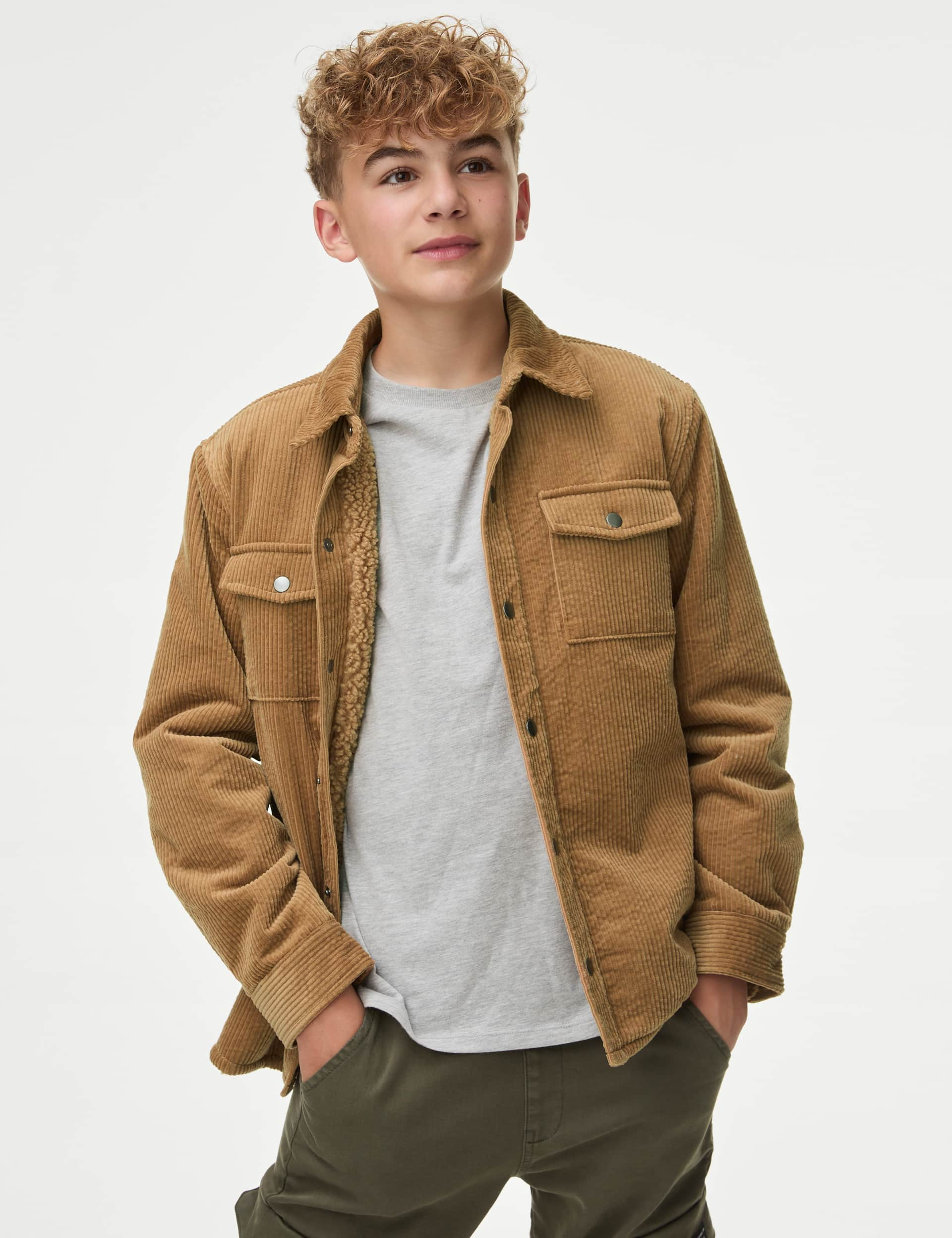 M&S Boys Cord Fleece Lined Shacket (6-16 Yrs) - 13-14 - Tan, Dark Pewter,Tan