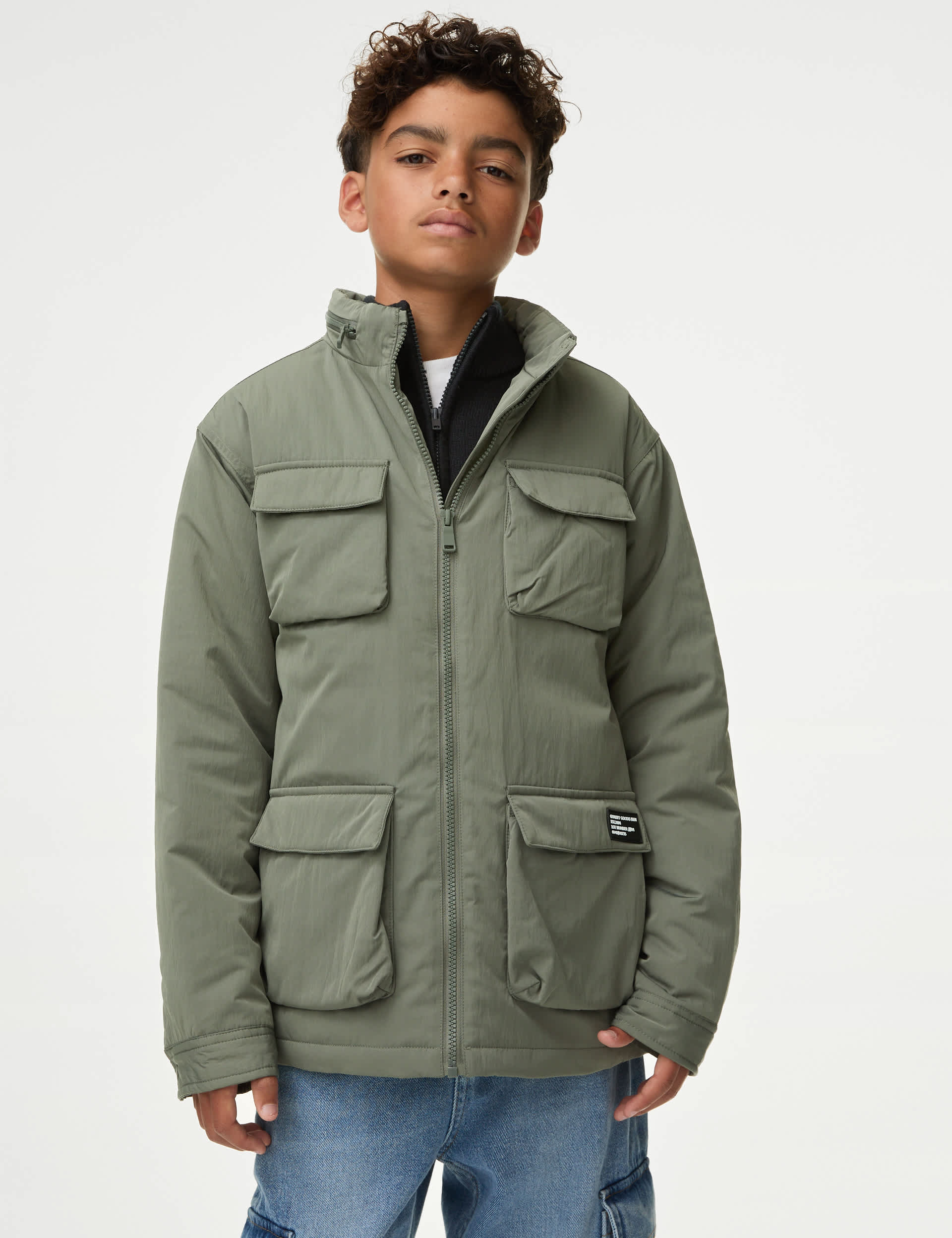 M&S Boys Stormwear Hooded Padded Jacket (6-16 Yrs) - 12-13 - Khaki, Khaki,Black