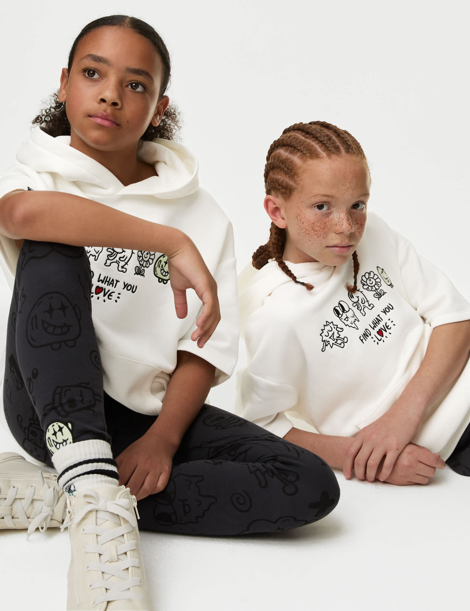 M&S X The Doodle Boy Cotton Rich Short Sleeve Doodle Hoodie (6-16 Yrs) - 7-8 Y - White, White