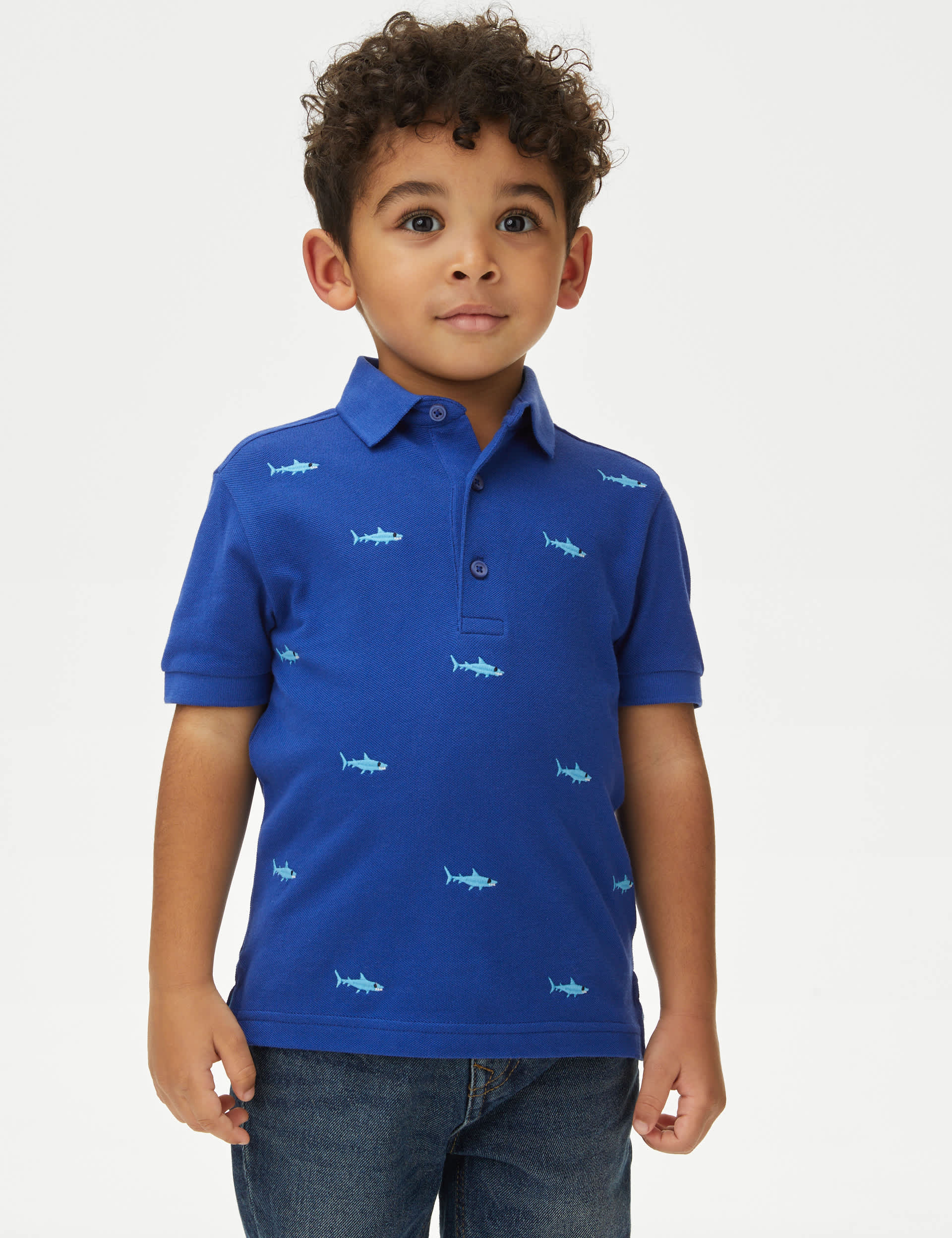 M&S Boys Pure Cotton Shark Embroidered Polo Shirt (2-8 Yrs) - 2-3 Y - Cobalt, Cobalt