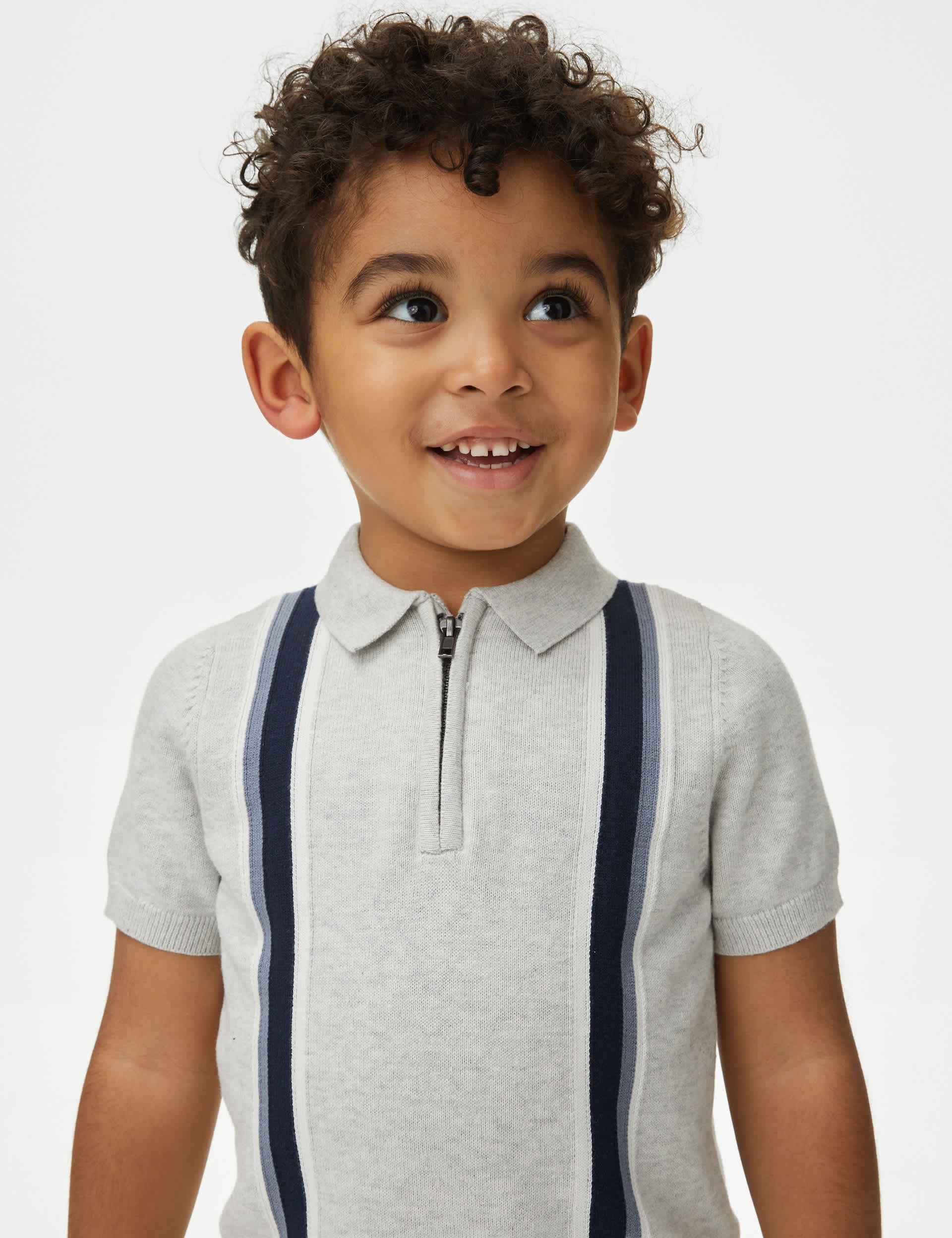 M&S Boys Pure Cotton Striped Knitted Polo Shirt (2-8 Yrs) - 6-7 Y - Grey Mix, Grey Mix