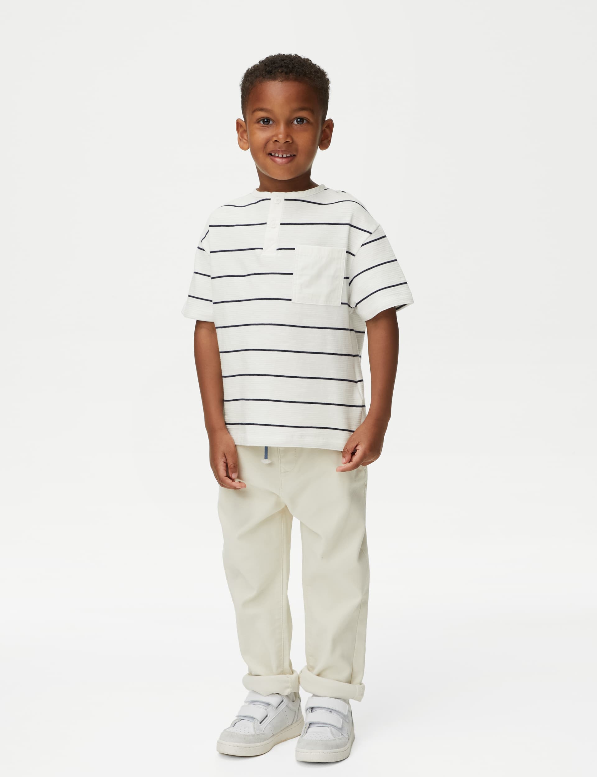 M&S Boys Cotton Rich Striped Textured T-Shirt (2-8 Yrs) - 3-4 Y - Neutral, Blue,Yellow,Neutral