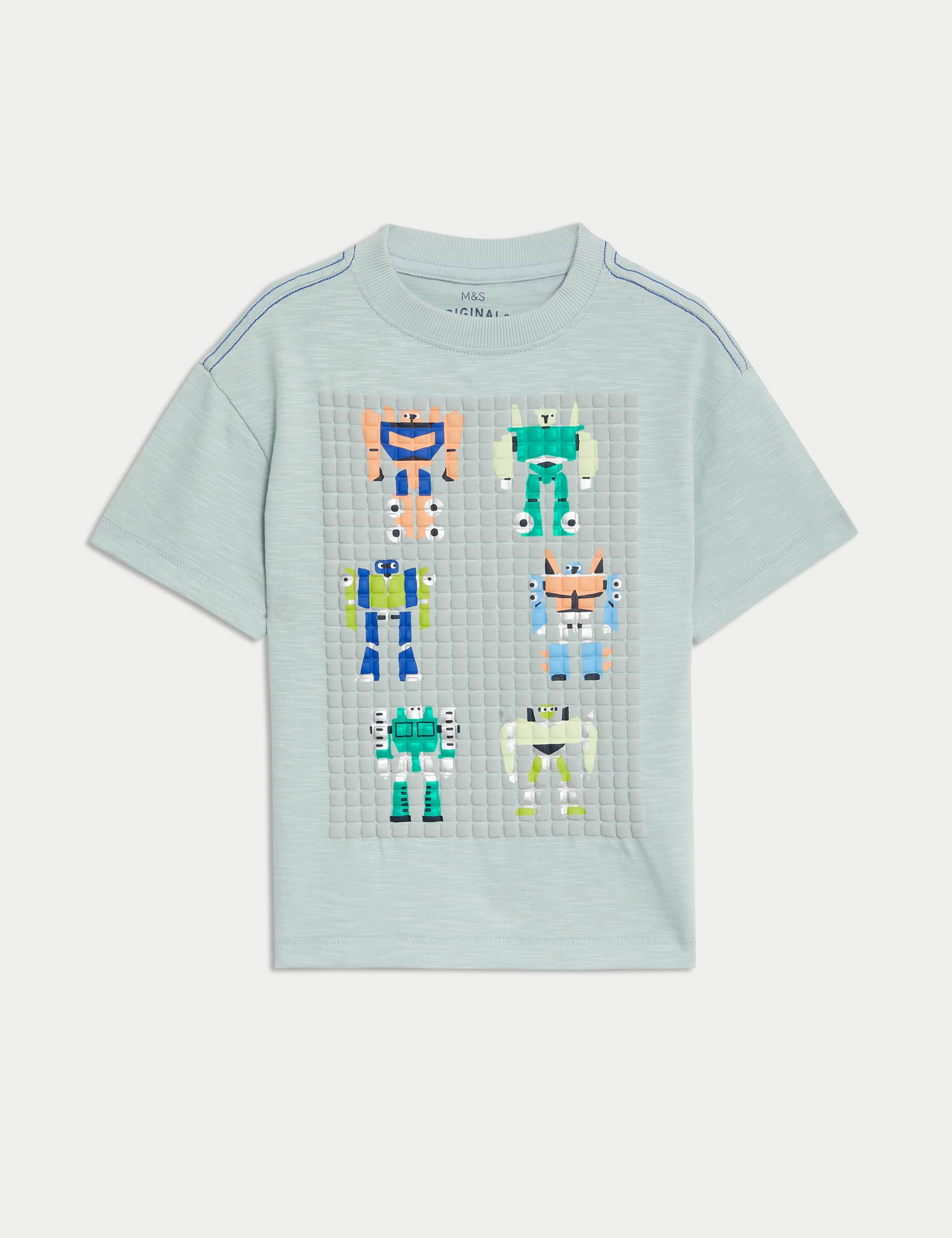 M&S Pure Cotton Robot Graphic T-Shirt (2-8 Yrs) - 3-4 Y - Light Blue, Light Blue