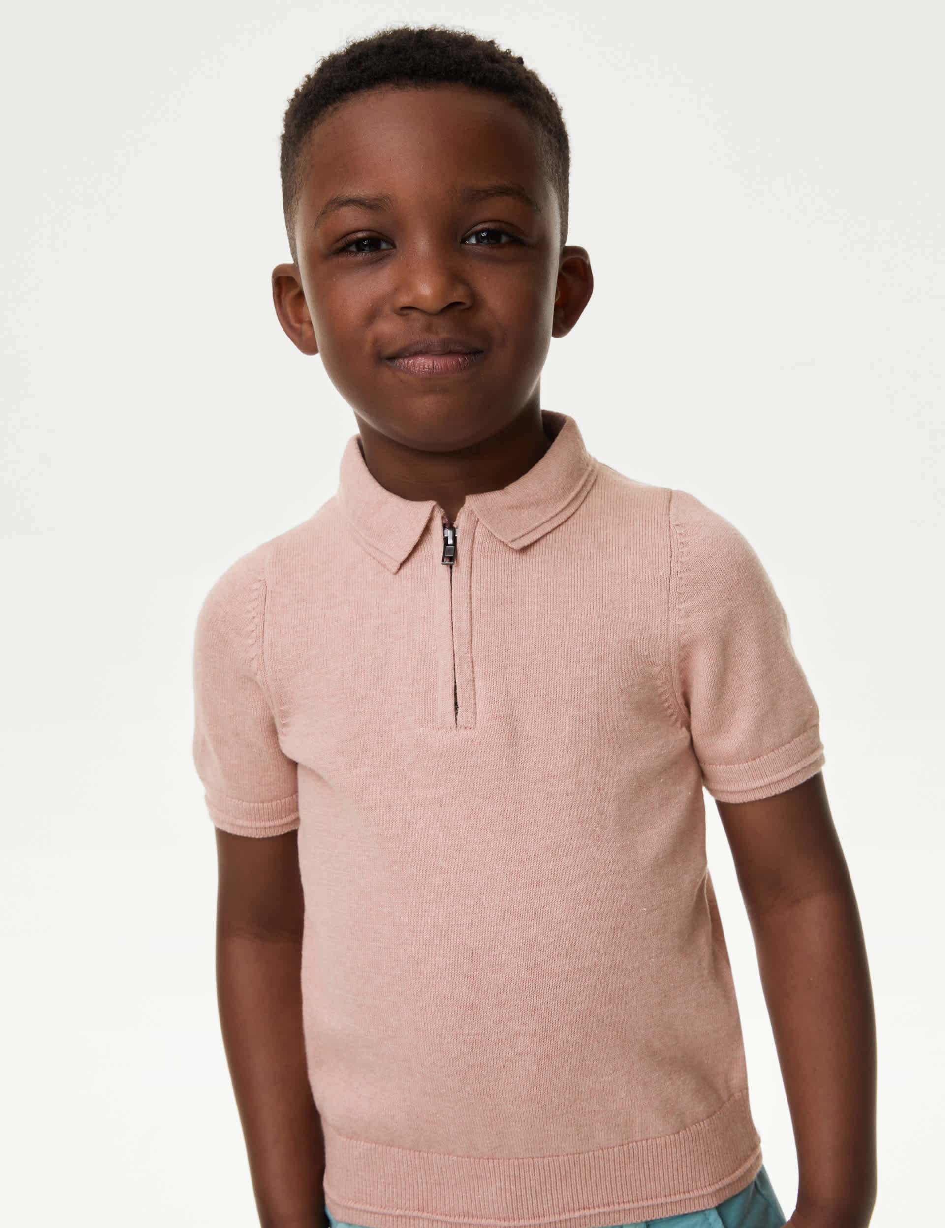 M&S Boys Pure Cotton Knitted Polo Shirt (2-8 Yrs) - 2-3 Y - Dusty Pink, Light Blue,Dusty Pink