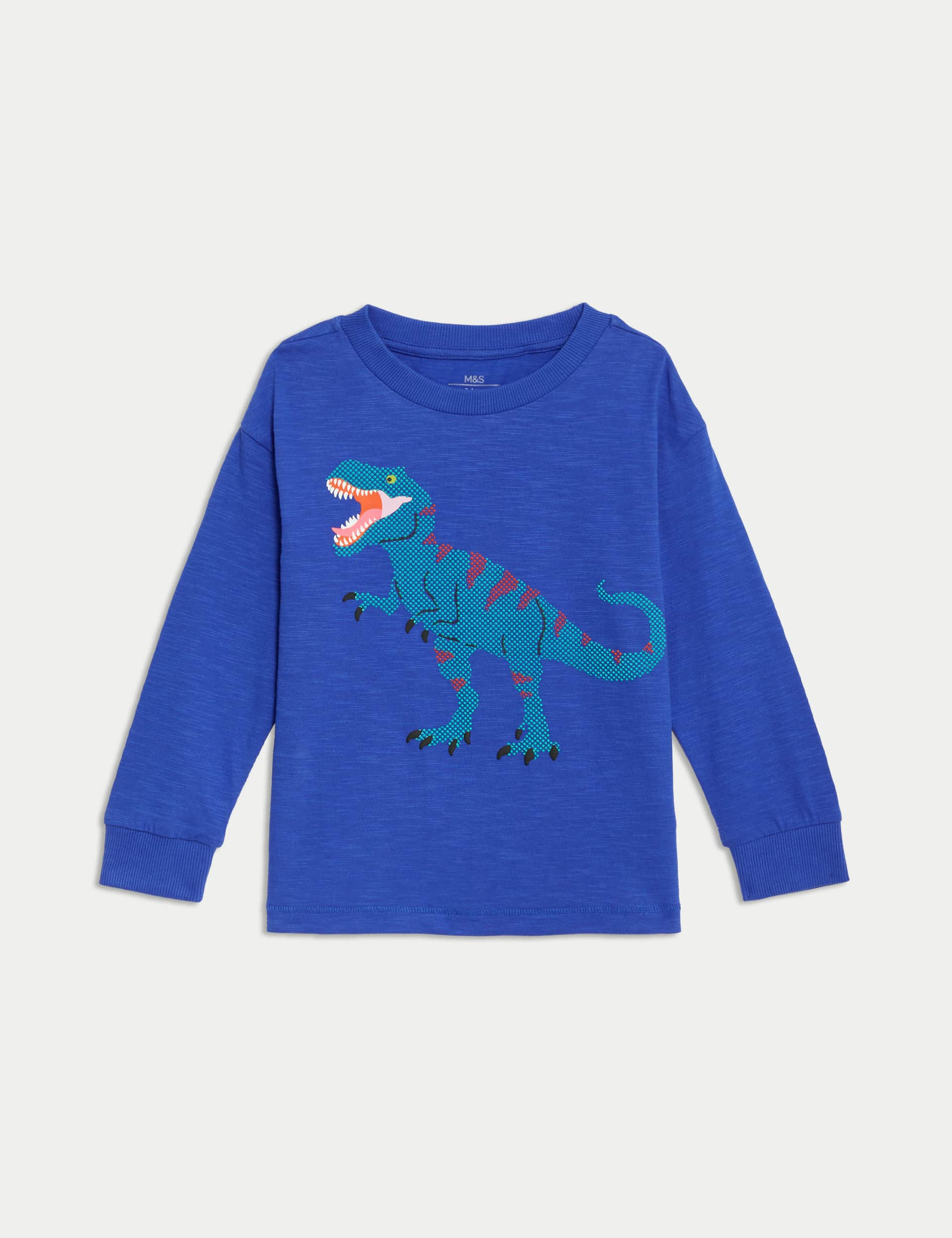 M&S Boys Pure Cotton Dinosaur Graphic Top (2-8 Yrs) - 3-4 Y - Blue, Blue