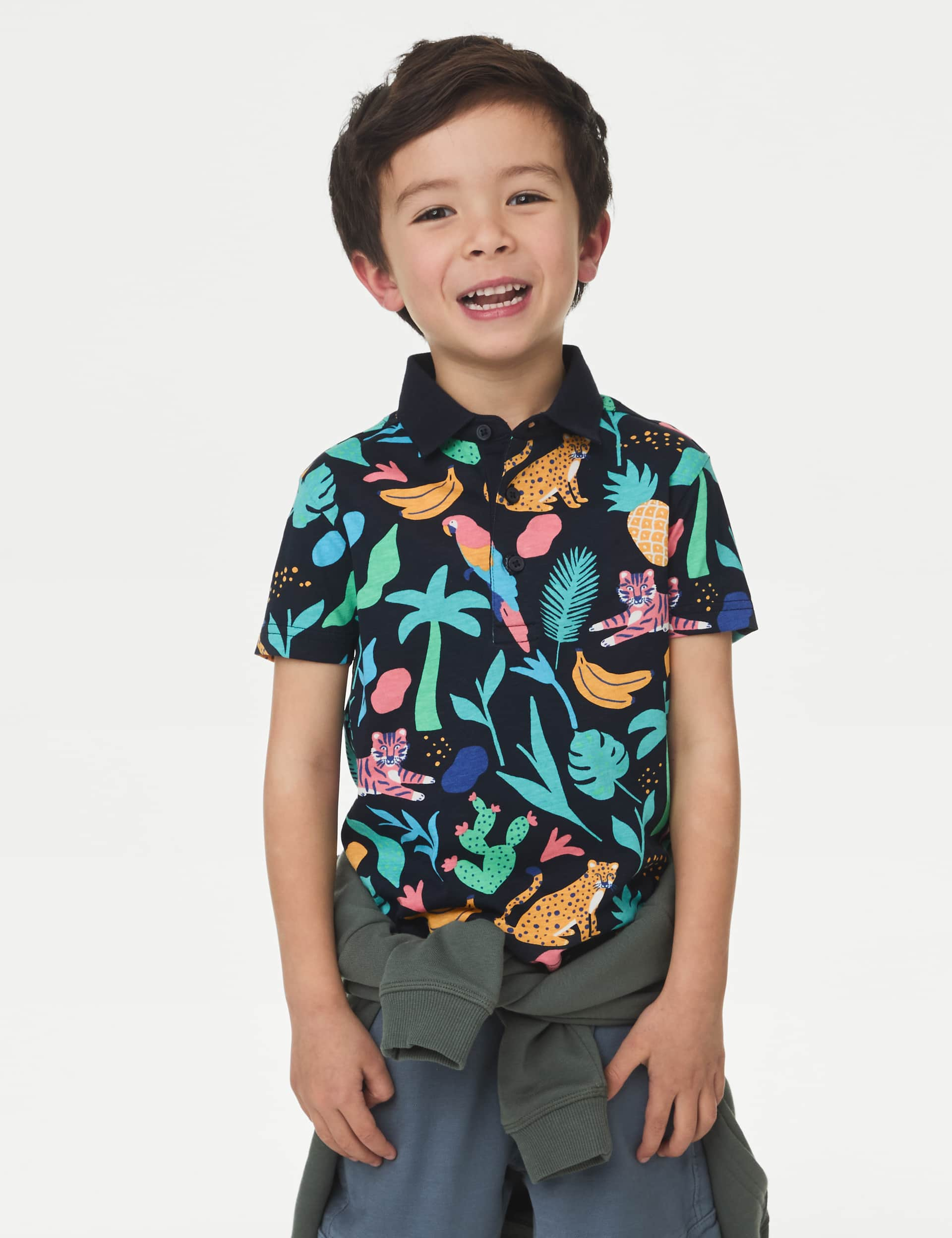 M&S Boys Pure Cotton Tropical Animal Print Polo Shirt (2-8 Yrs) - 2-3 Y - Navy Mix, Navy Mix