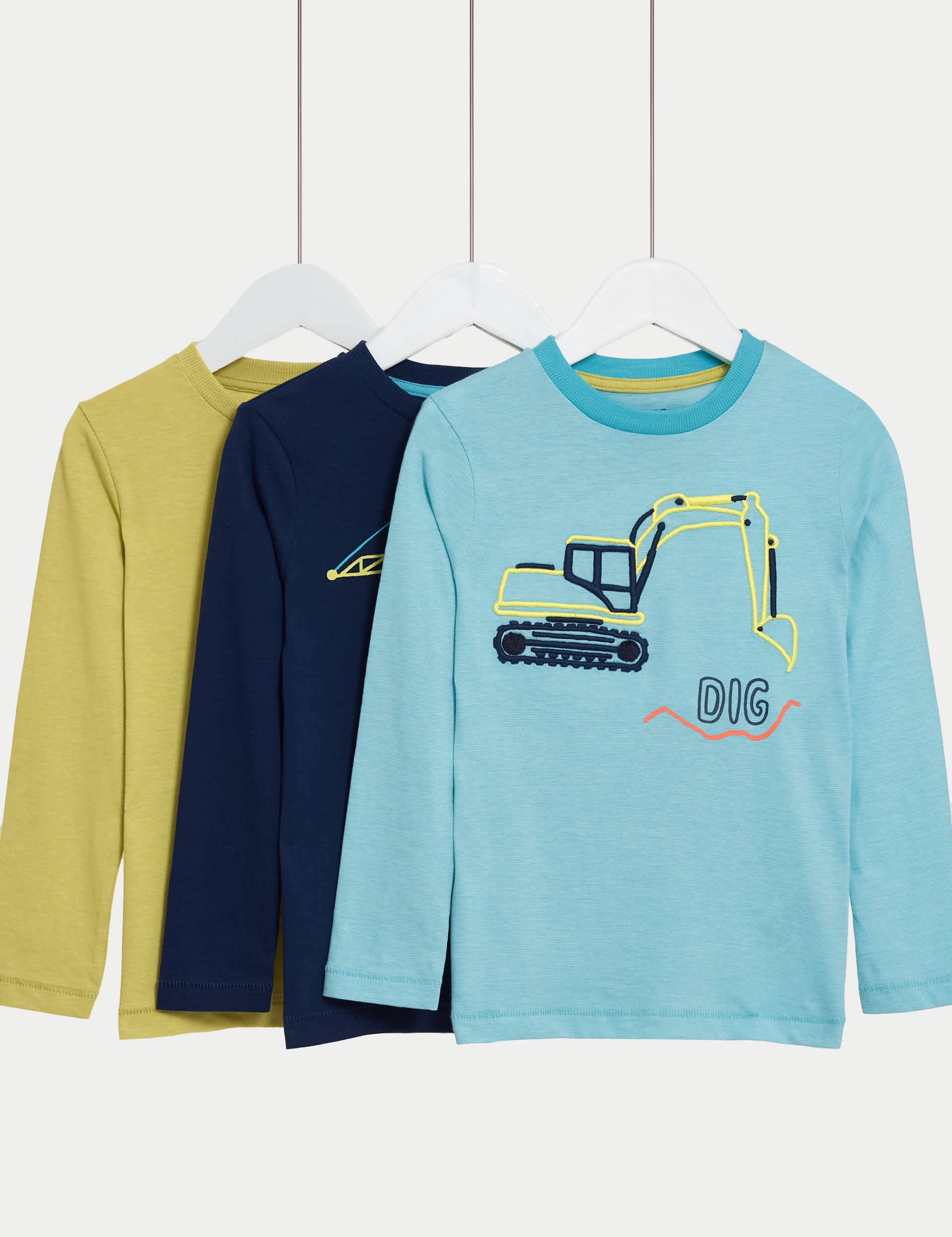 M&S Boys 3pk Pure Cotton Truck Tops (2-8 Yrs) - 6-7 Y - Multi, Multi