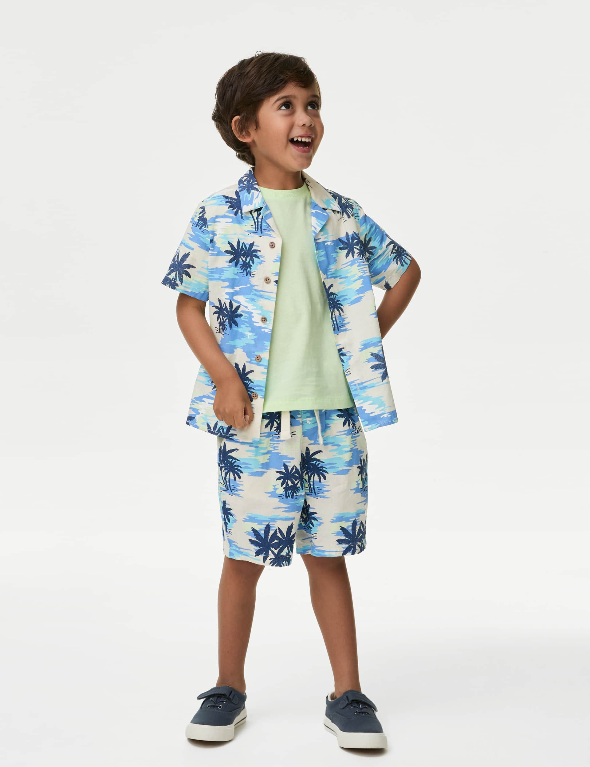 M&S Boys Pure Cotton Palm Tree Shorts (2-8 Yrs) - 2-3 Y - Blue Mix, Blue Mix