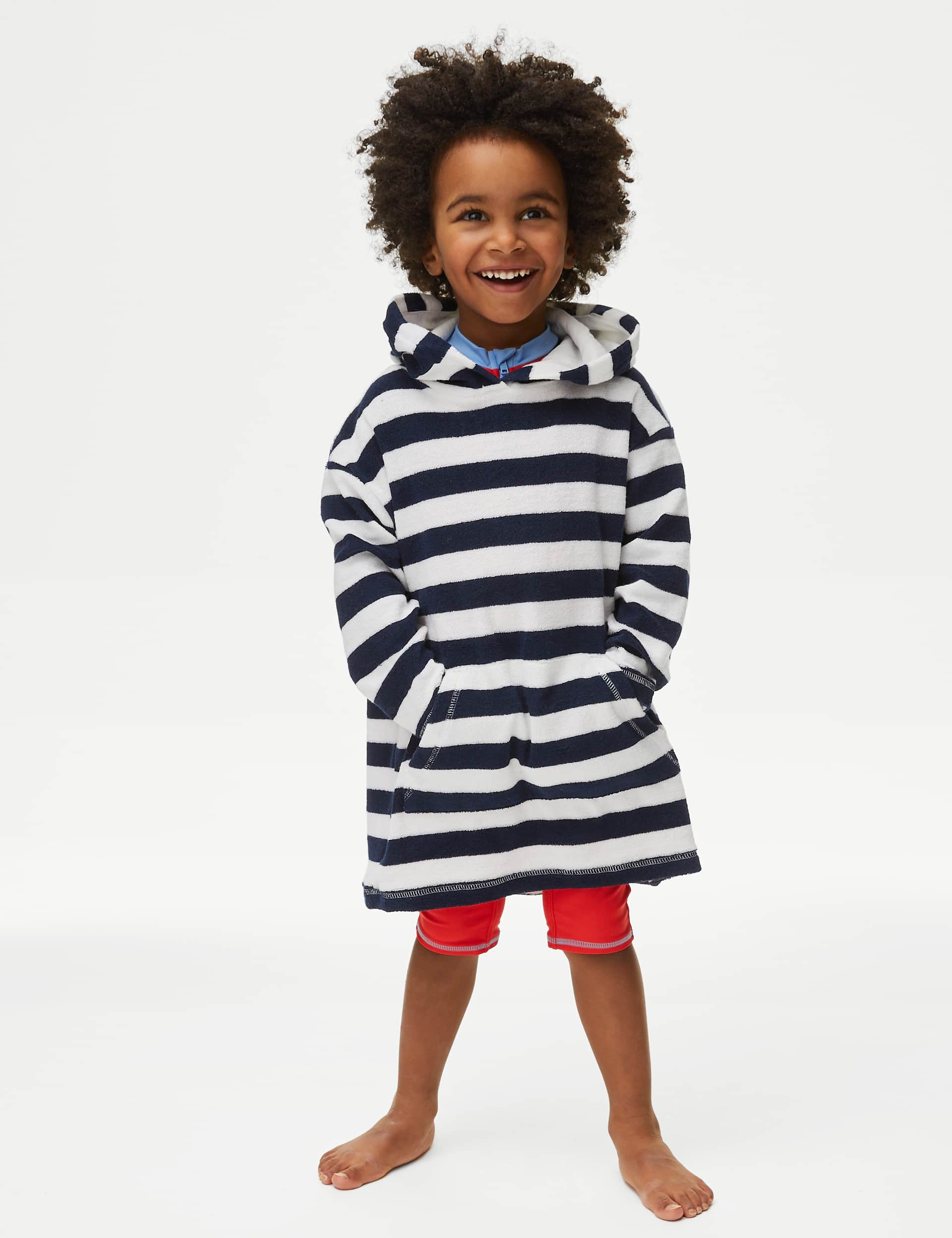 M&S Cotton Rich Striped Towelling Poncho (2-8 Yrs) - 2-3 Y - Navy Mix, Navy Mix,Red Mix