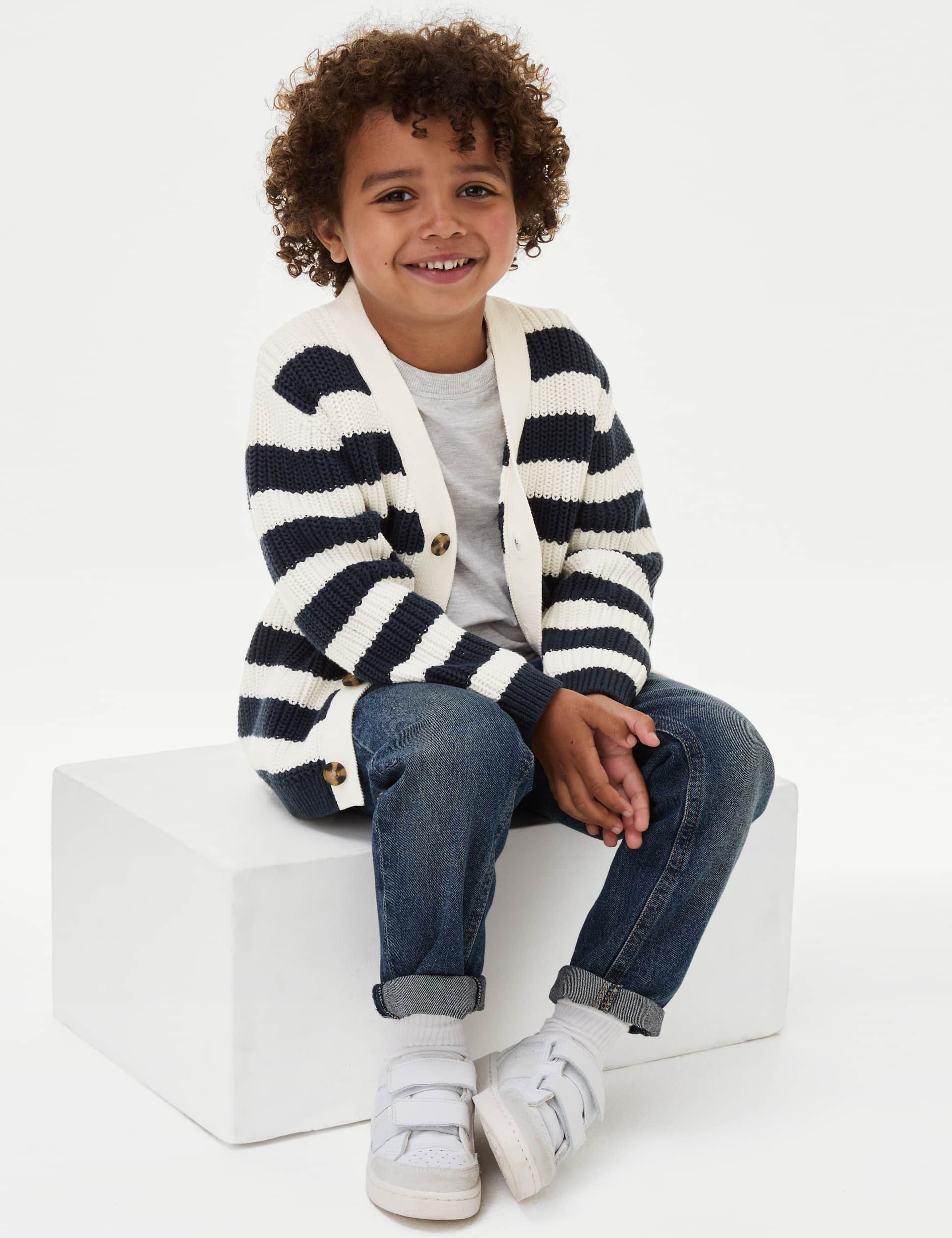 M&S Boys Pure Cotton Knitted Striped Cardigan (3-8 Yrs) - 3-4 Y - Blue Mix, Blue Mix