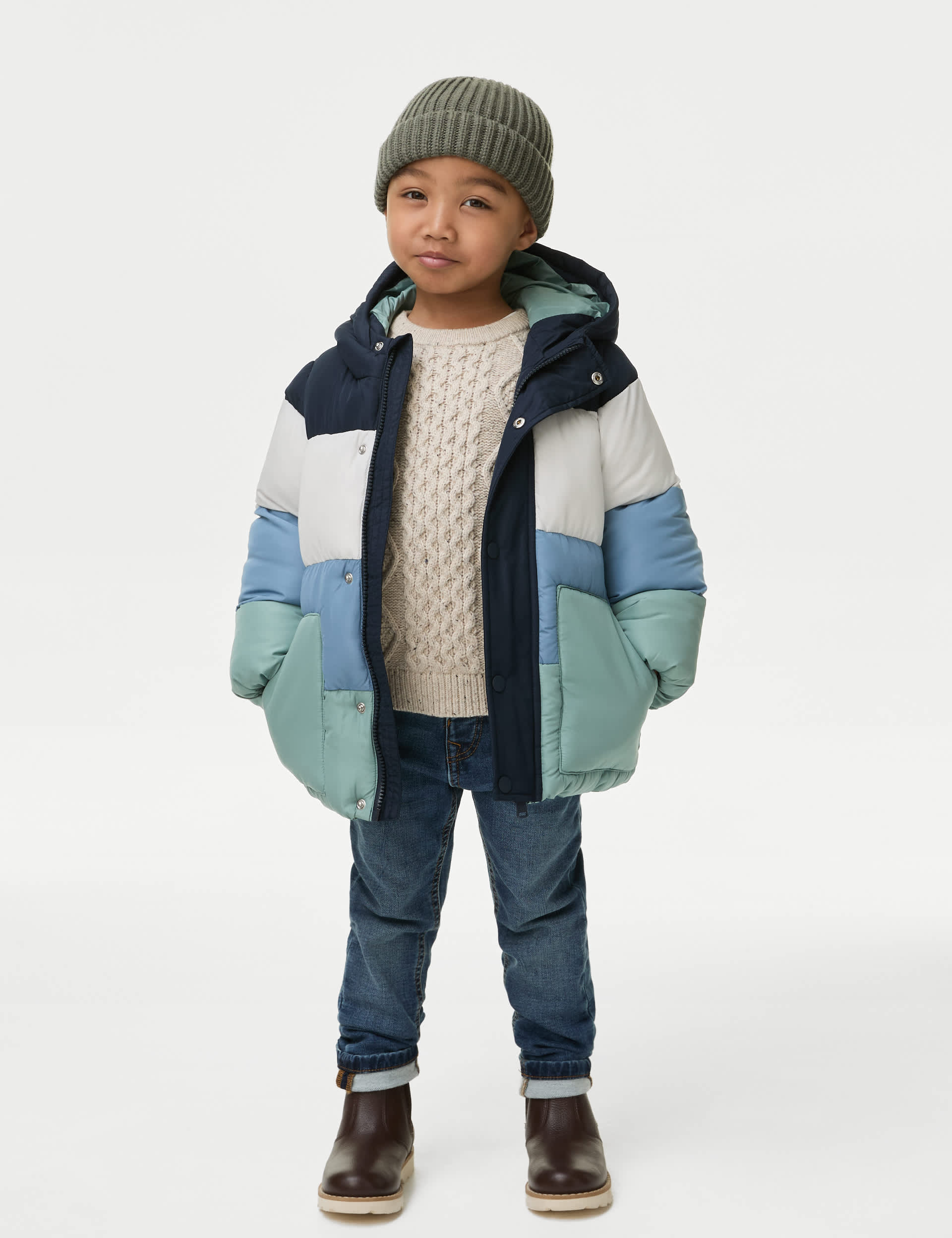 M&S Boys Stormwear Padded Colour Block Coat (2-8 Yrs) - 5-6 Y - Green Mix, Green Mix