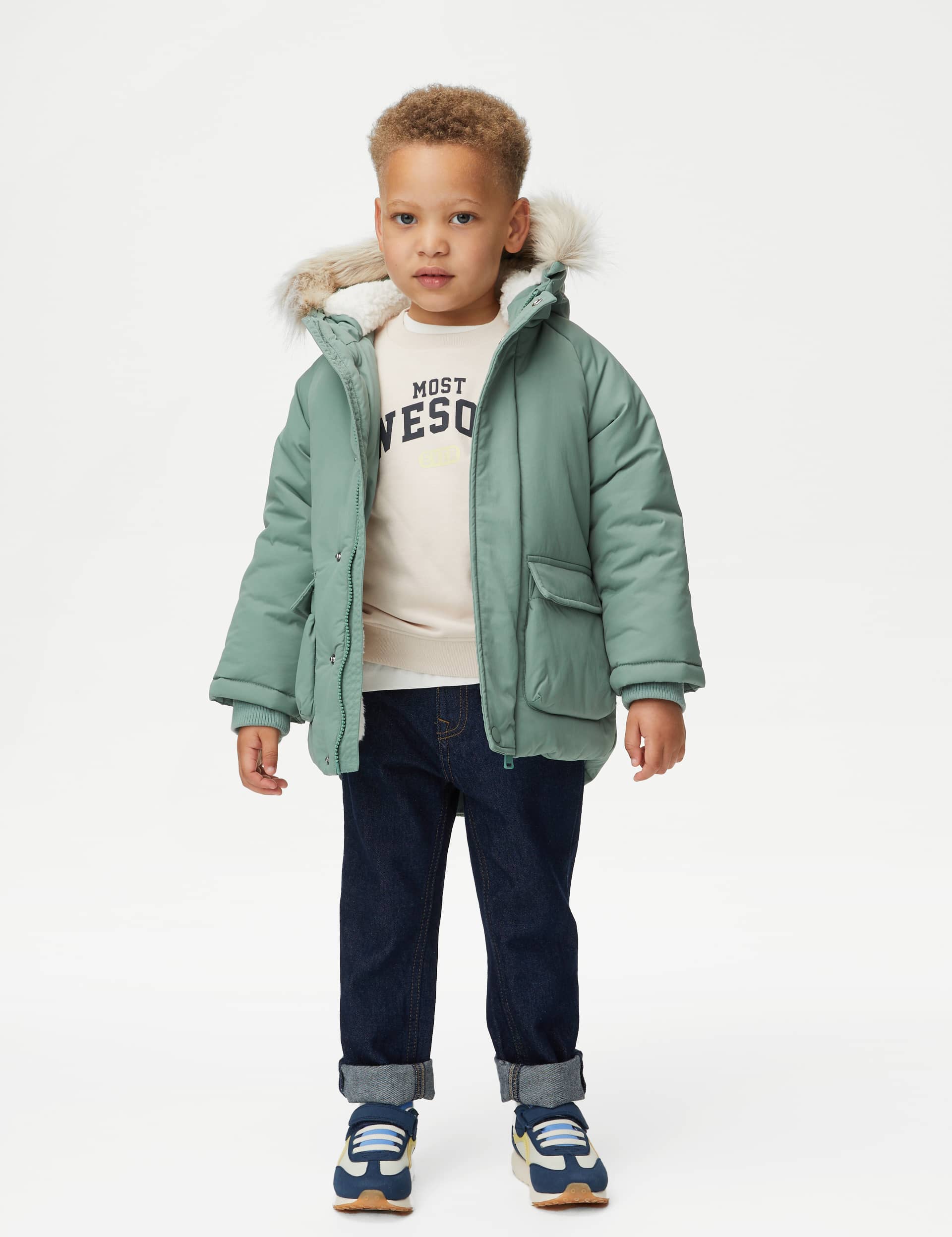 M&S Boys Stormwear Hooded Parka (2-8 Yrs) - 5-6 Y - Green, Black,Green,Navy,Stone