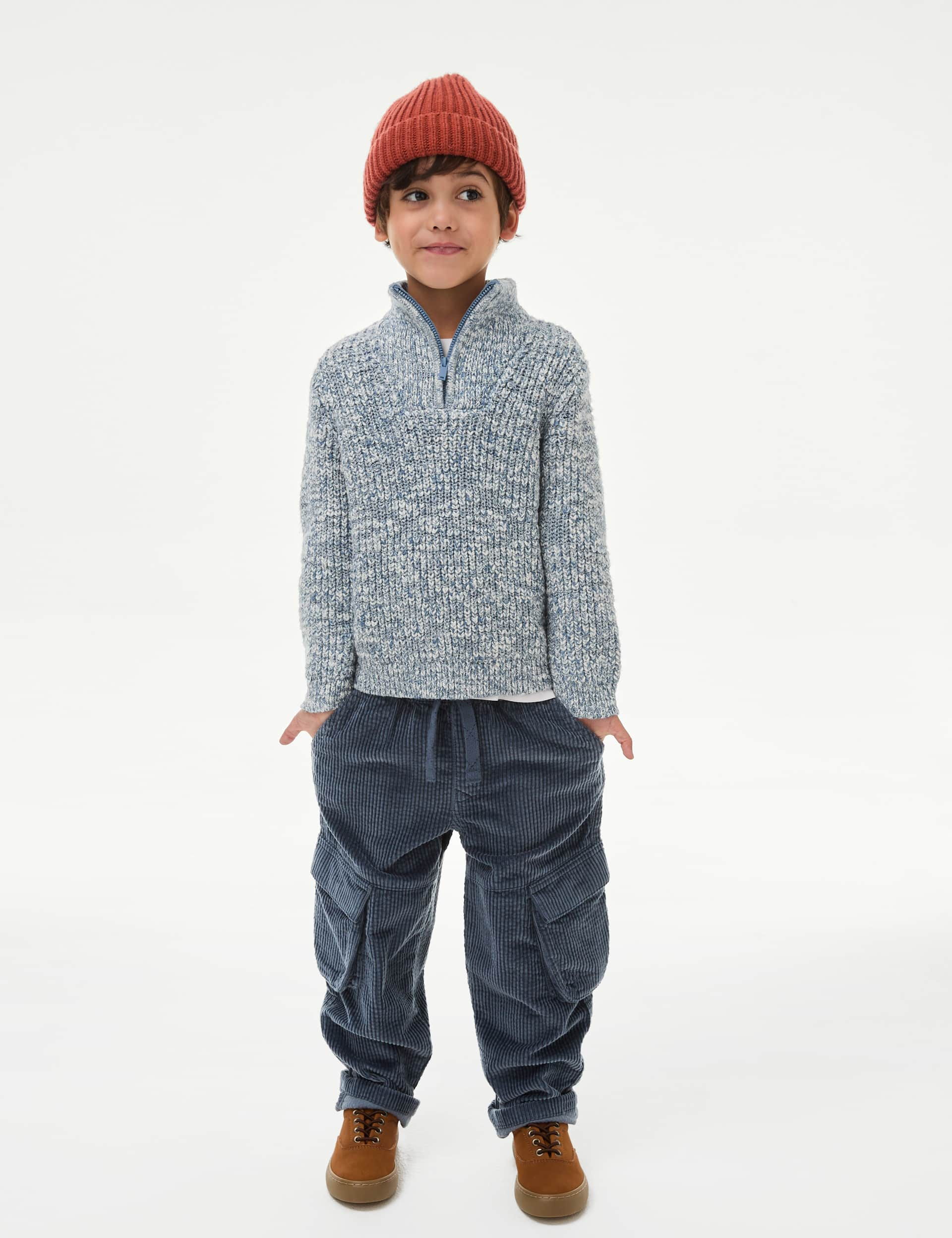 M&S Boys Pure Cotton Chunky Cord Cargo Trousers (2-16 Yrs) - 2-3 Y - Navy, Navy,Neutral