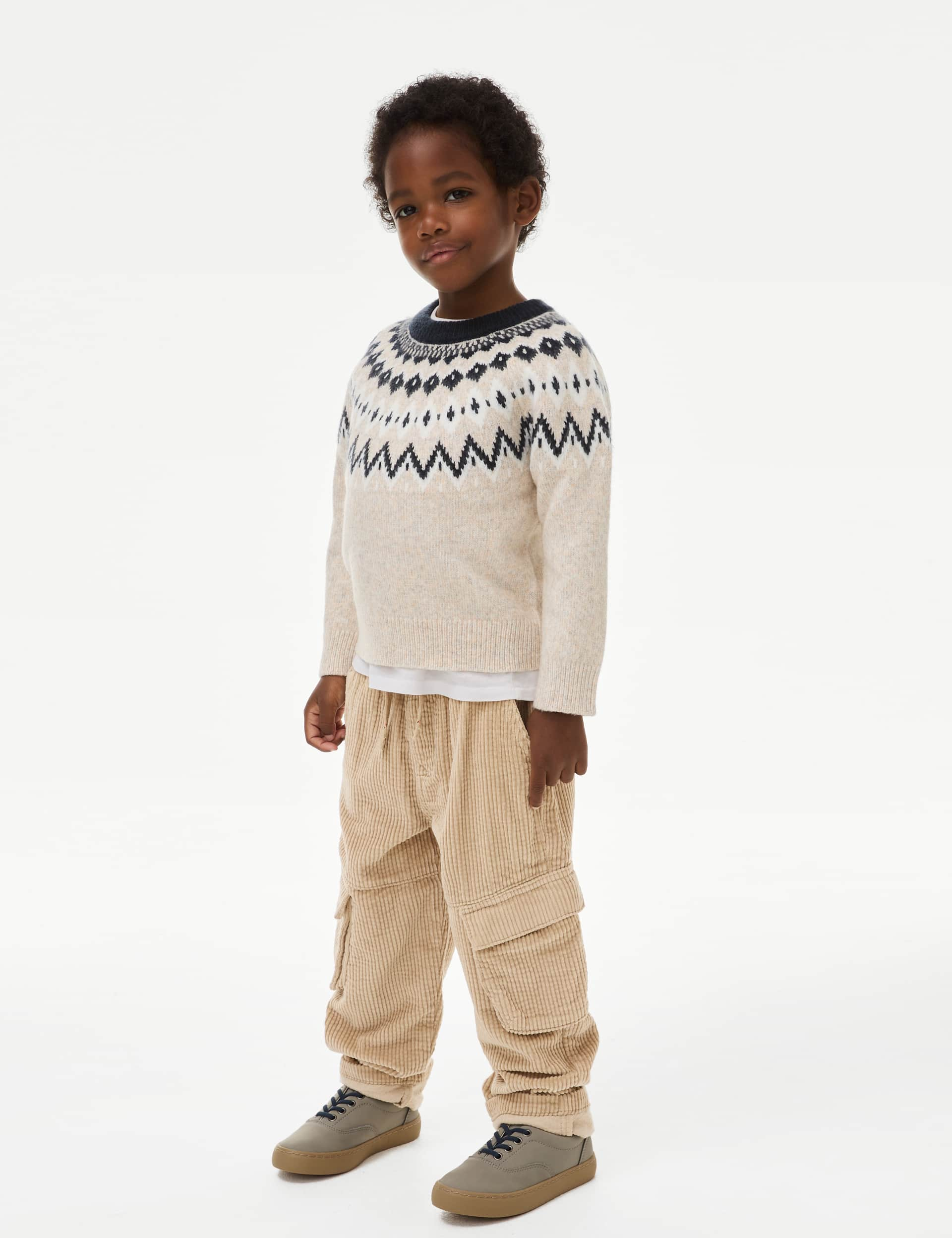 M&S Collection Boys Pure Cotton Chunky Cord Cargo Trousers (2-8 Yrs) - 7-8 Y - Neutral, Navy,Neutral