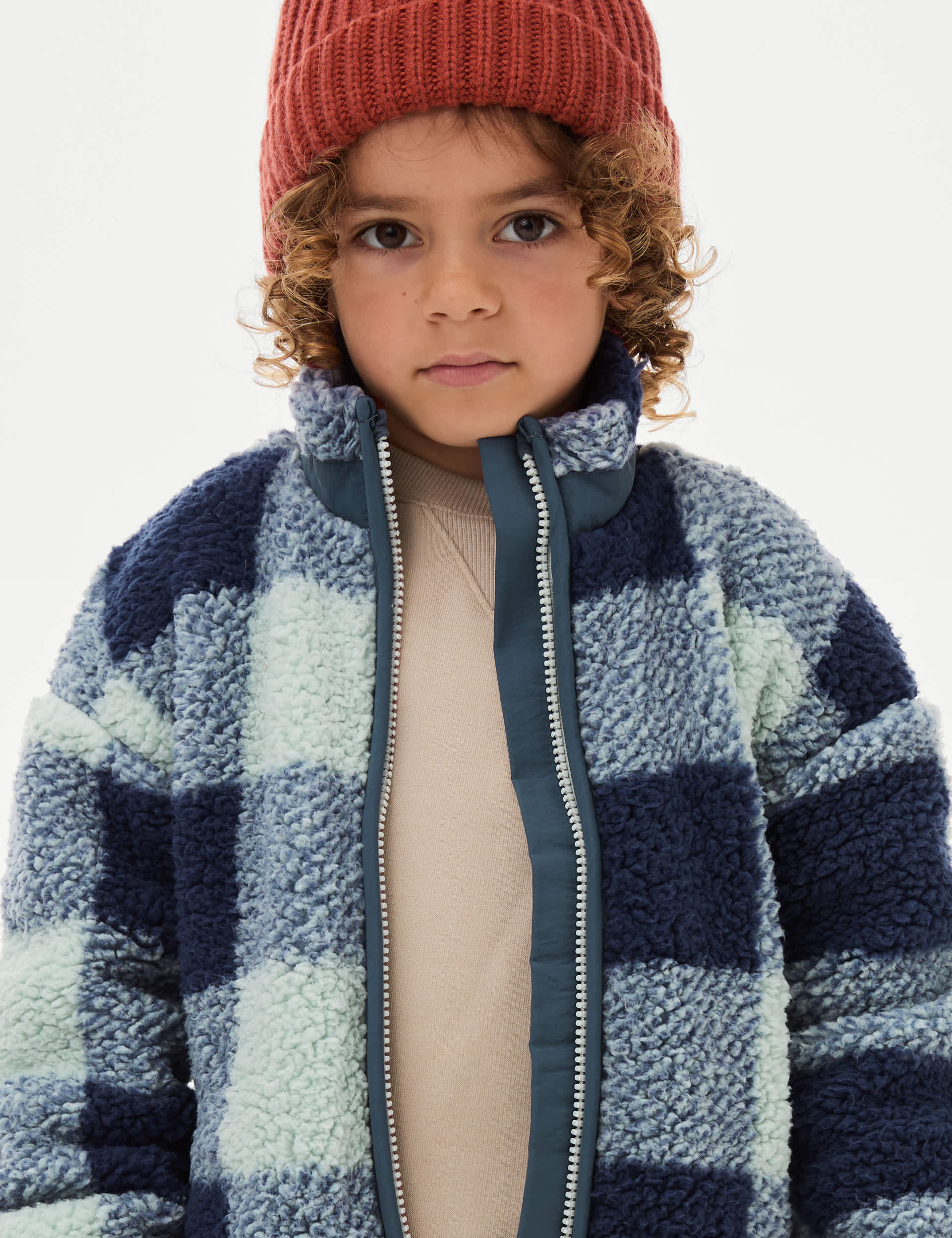 M&S Boys Borg Checked Jacket (2-8 Yrs) - 2-3 Y - Blue Mix, Blue Mix