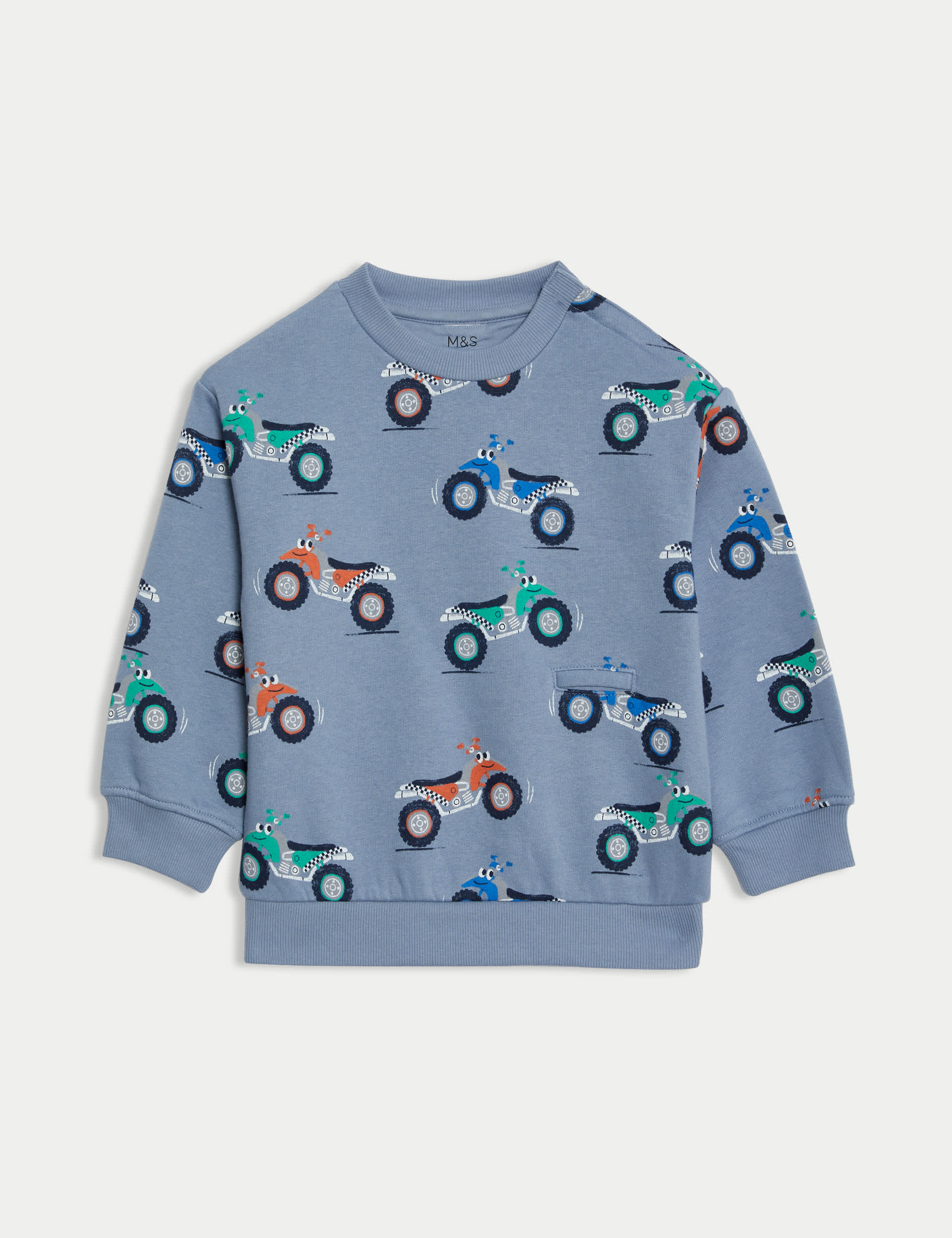 M&S Boys Adaptive Cotton Rich Motorbike Sweatshirt (2-8 Yrs) - 6-7 Y - Blue Mix, Blue Mix