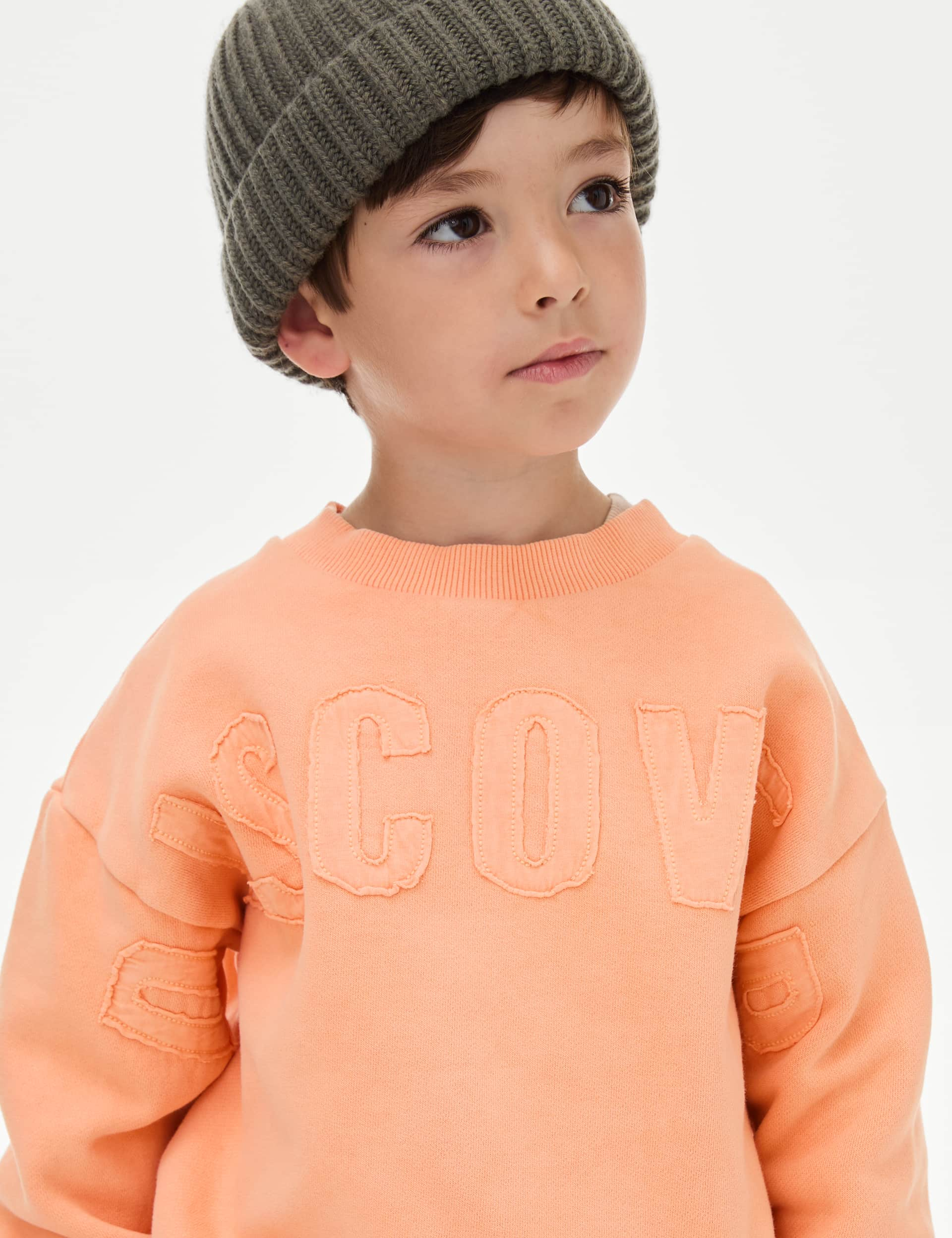 M&S Boys Pure Cotton Discover Slogan Sweatshirt (2-8 Yrs) - 3-4 Y - Coral, Coral