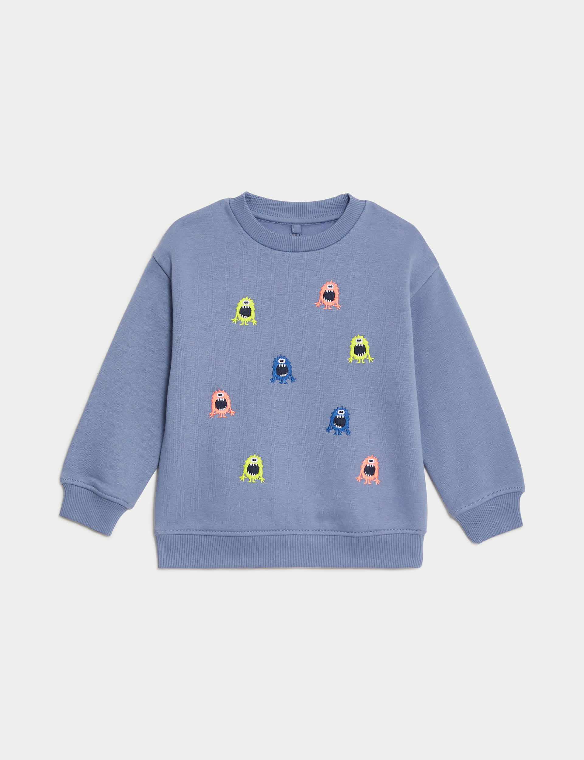 M&S Boys Cotton Rich Monster Embroidered Sweatshirt (2-8 Yrs) - 3-4 Y - Blue, Blue