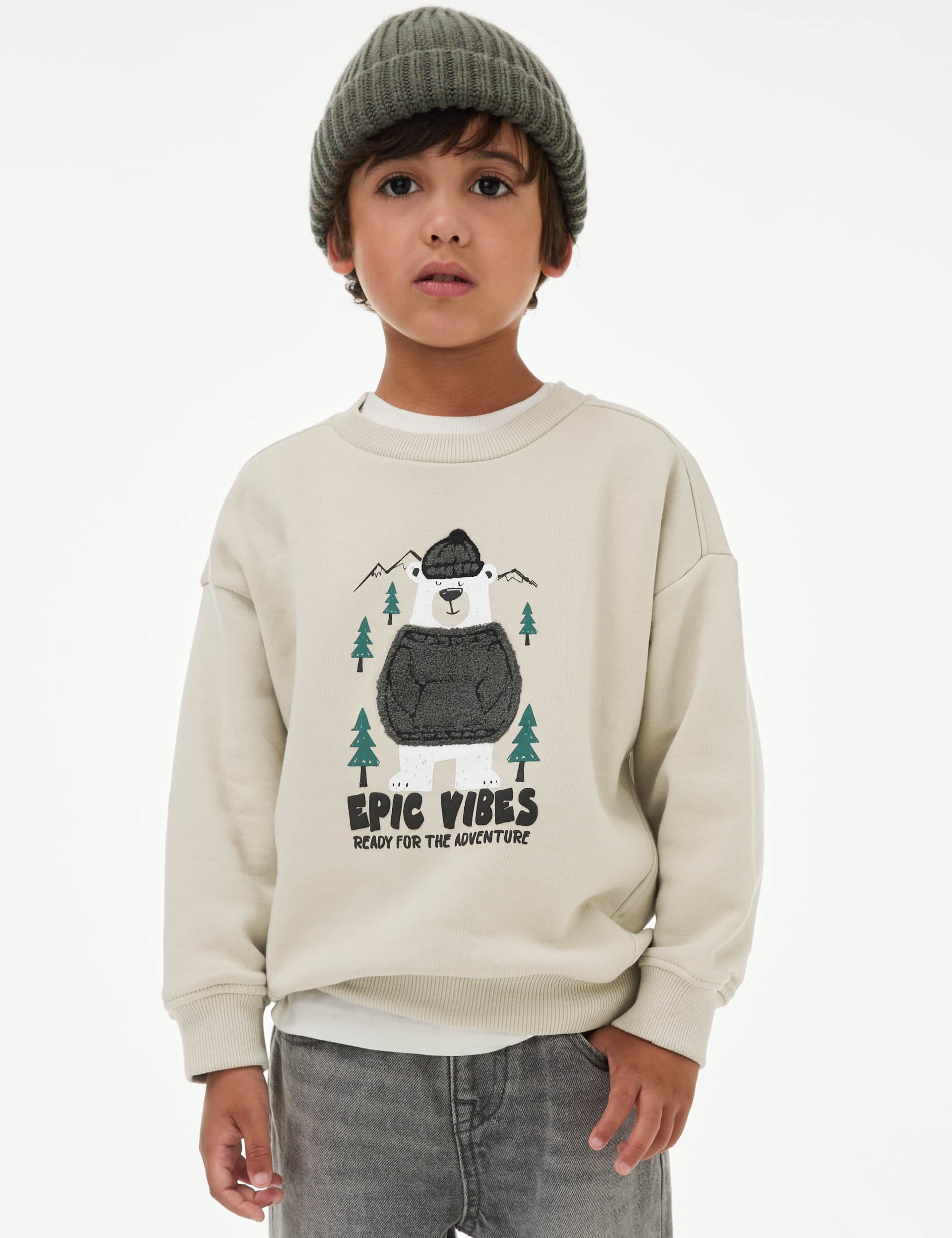 M&S Boys Cotton Rich Animal Sweatshirt (2-8 Yrs) - 3-4 Y - Stone, Stone