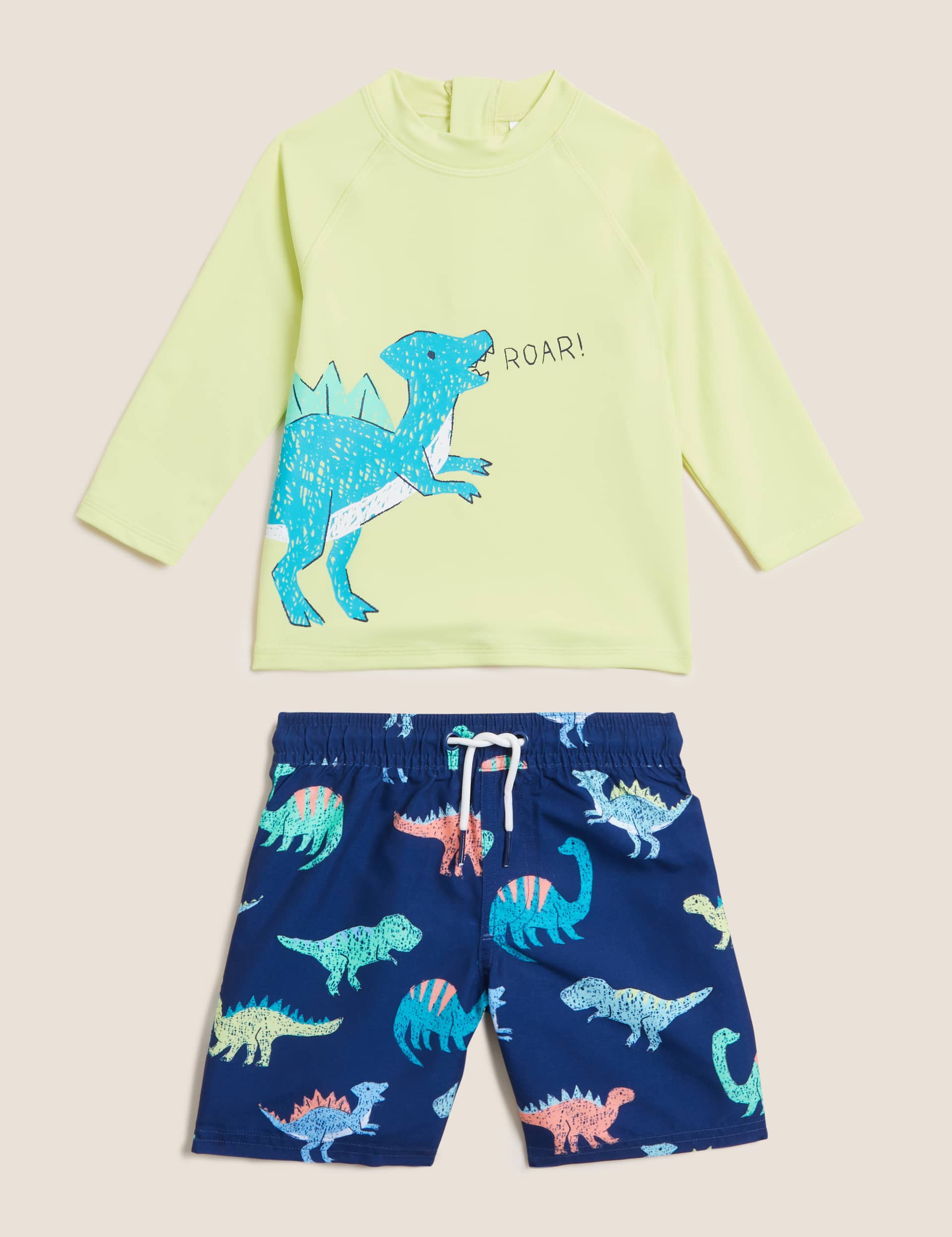 M&S Collection Boys 2pc Dinosaur Rash Vest & Swim Shorts (2-7 Yrs) - 6-7 Y - Multi, Multi