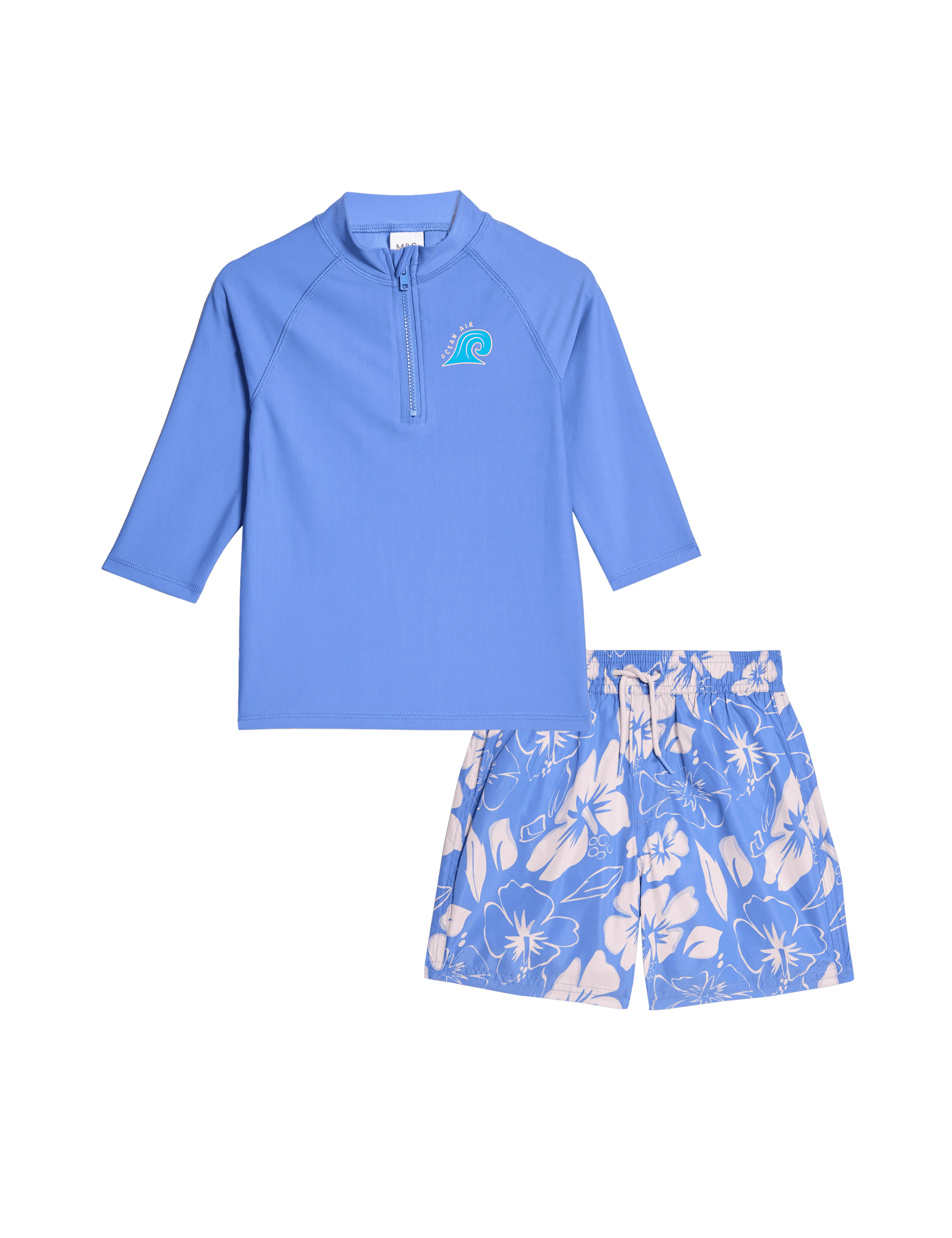 M&S Collection Boys 2pc Hibiscus Long Sleeve Swim Set (2-8 Yrs) - 3-4 Y - Blue Mix, Blue Mix